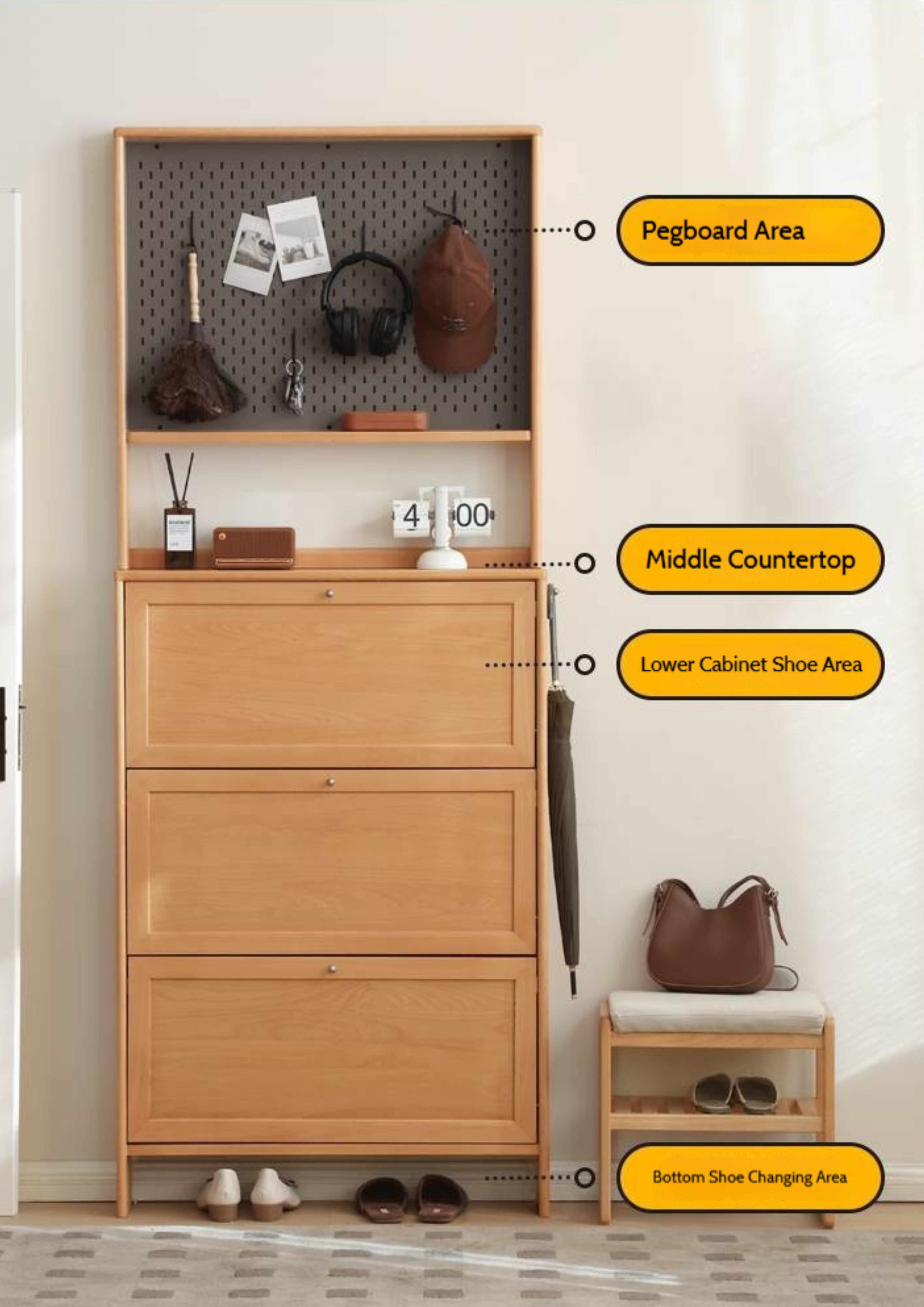 Beech Solid Wood Ultra-Thin Flip Bucket Shoe Cabinet