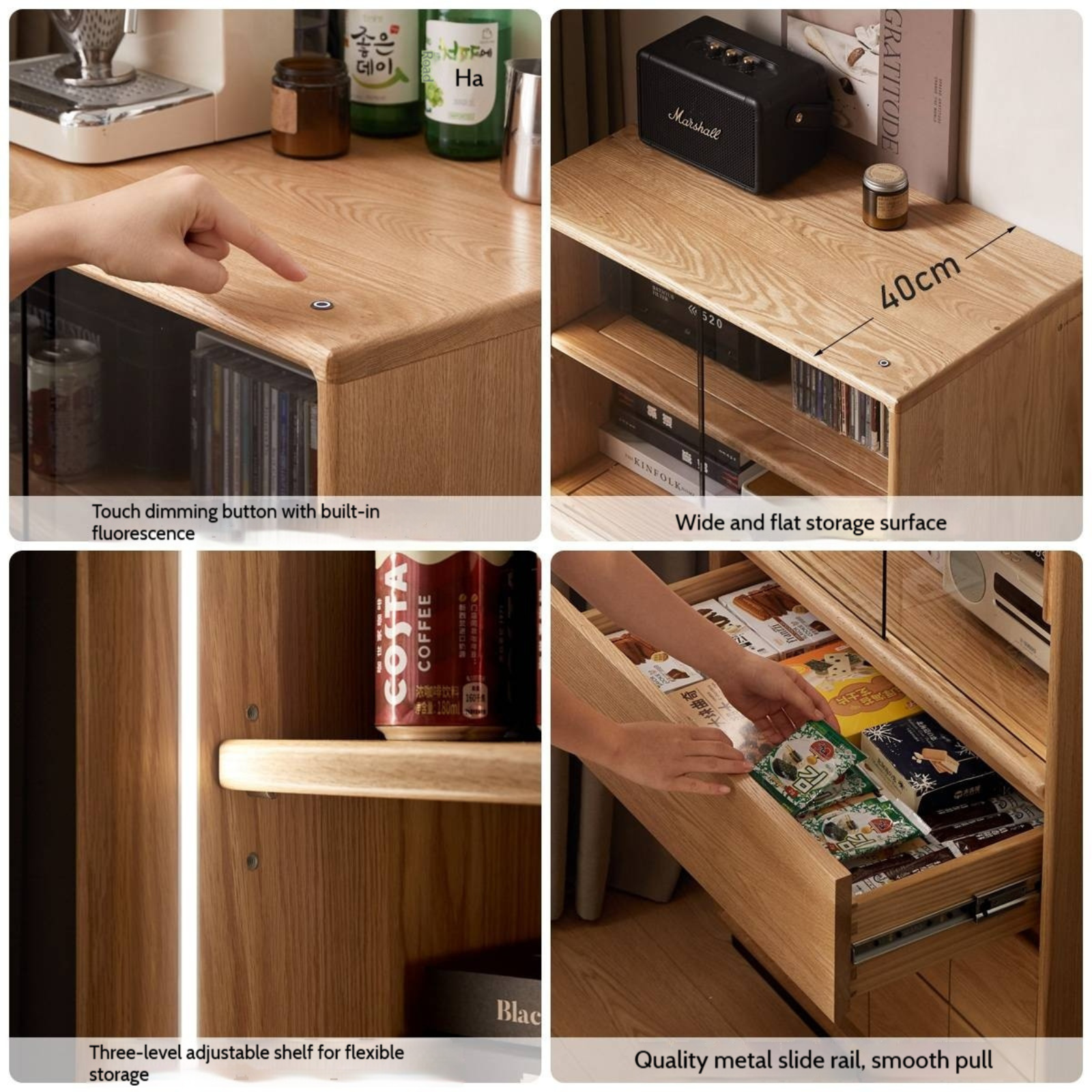 Oak Solid Wood Modern Side Cabinet with Light