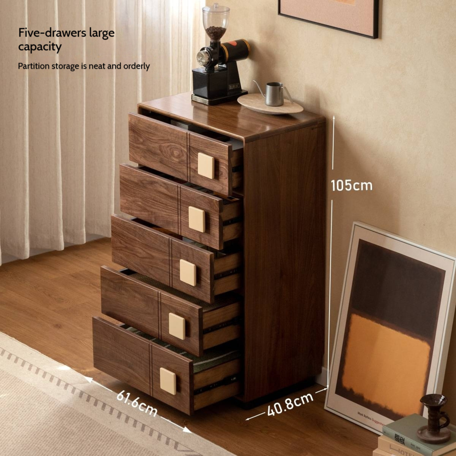 Black Walnut Solid Wood Retro Style Five-Drawer Chest