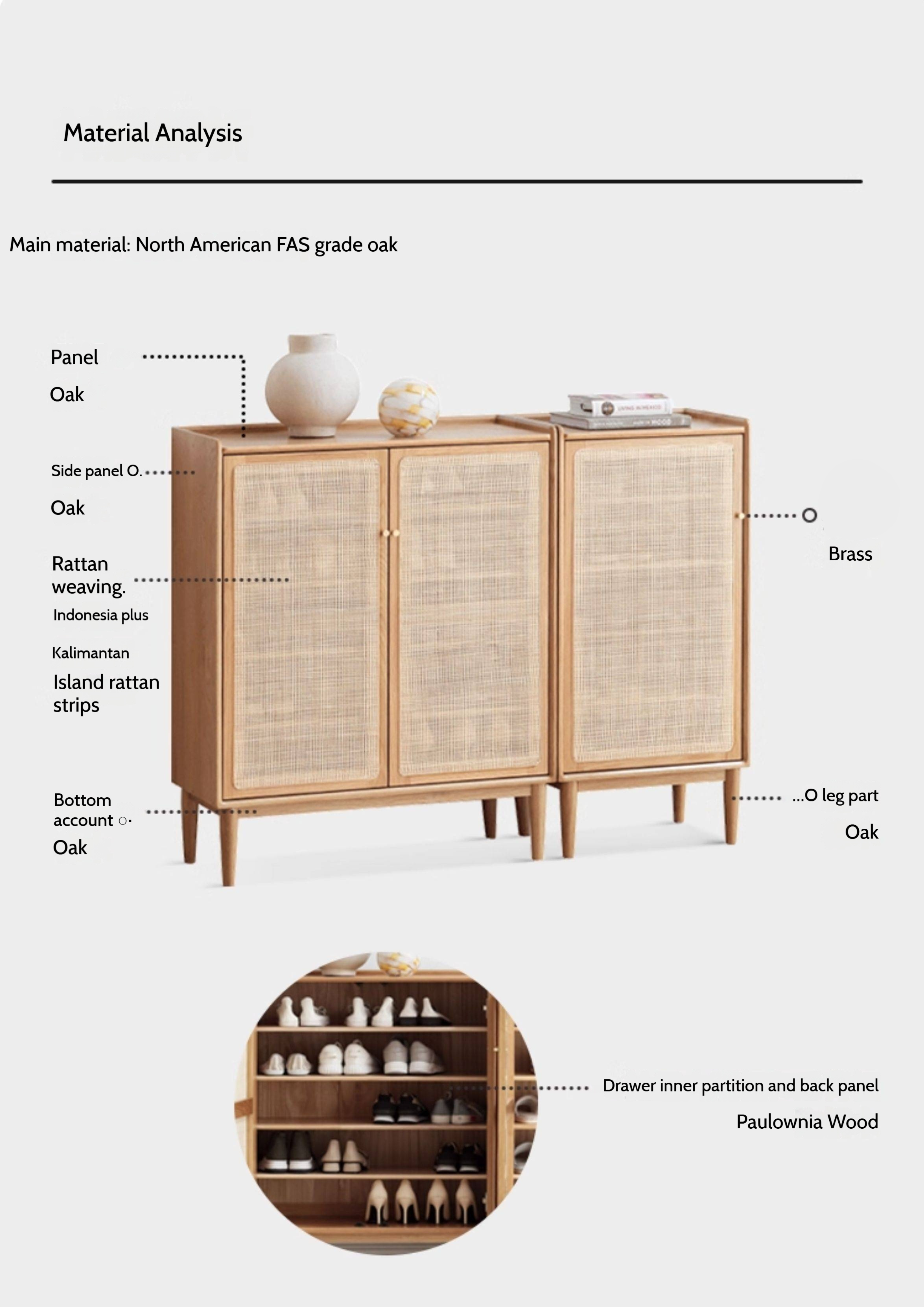 Oak Solid Wood Shoe Cabinet Storage Rattan
