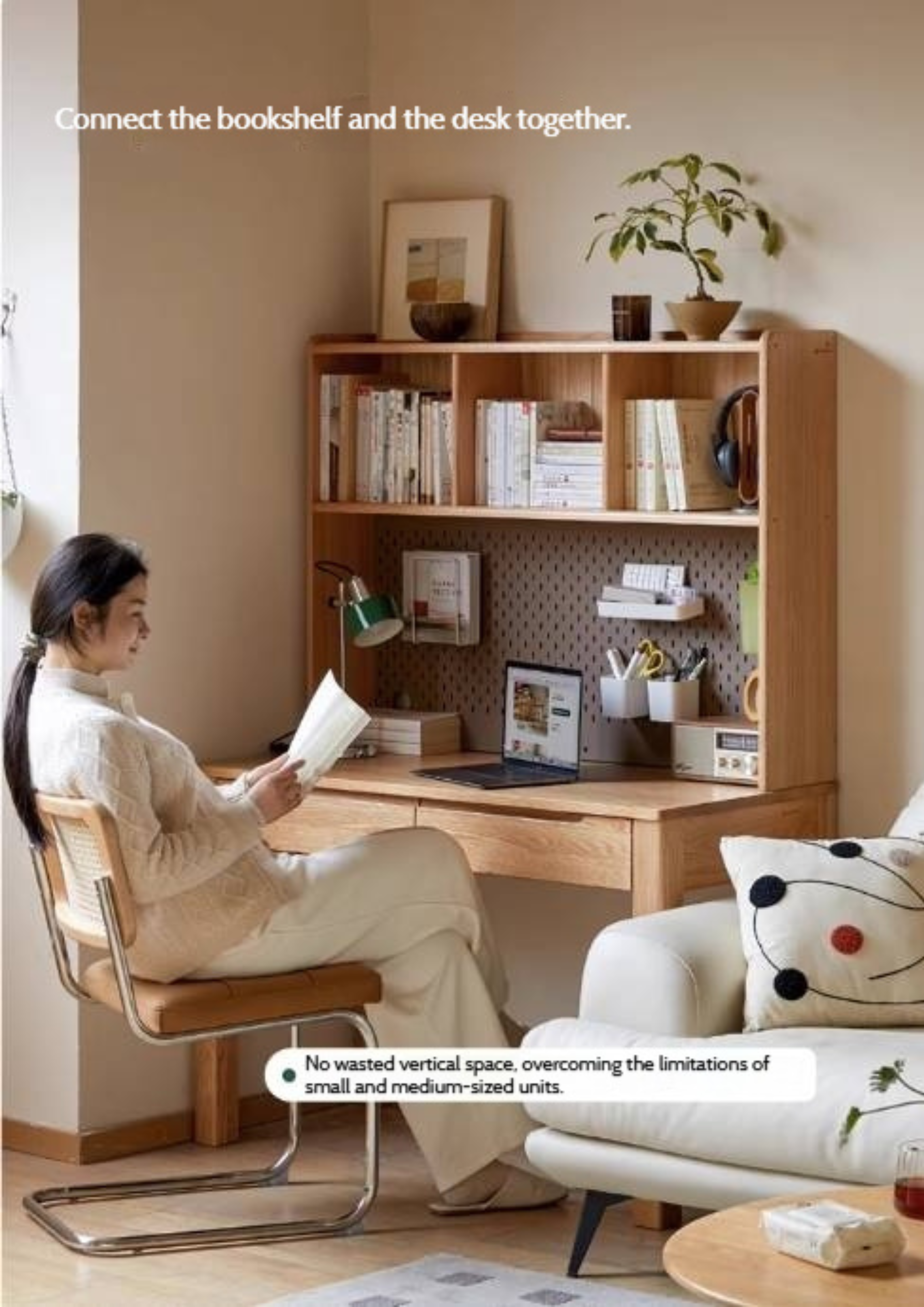 Oak Solid Wood Office Desk and Bookshelf Integrated