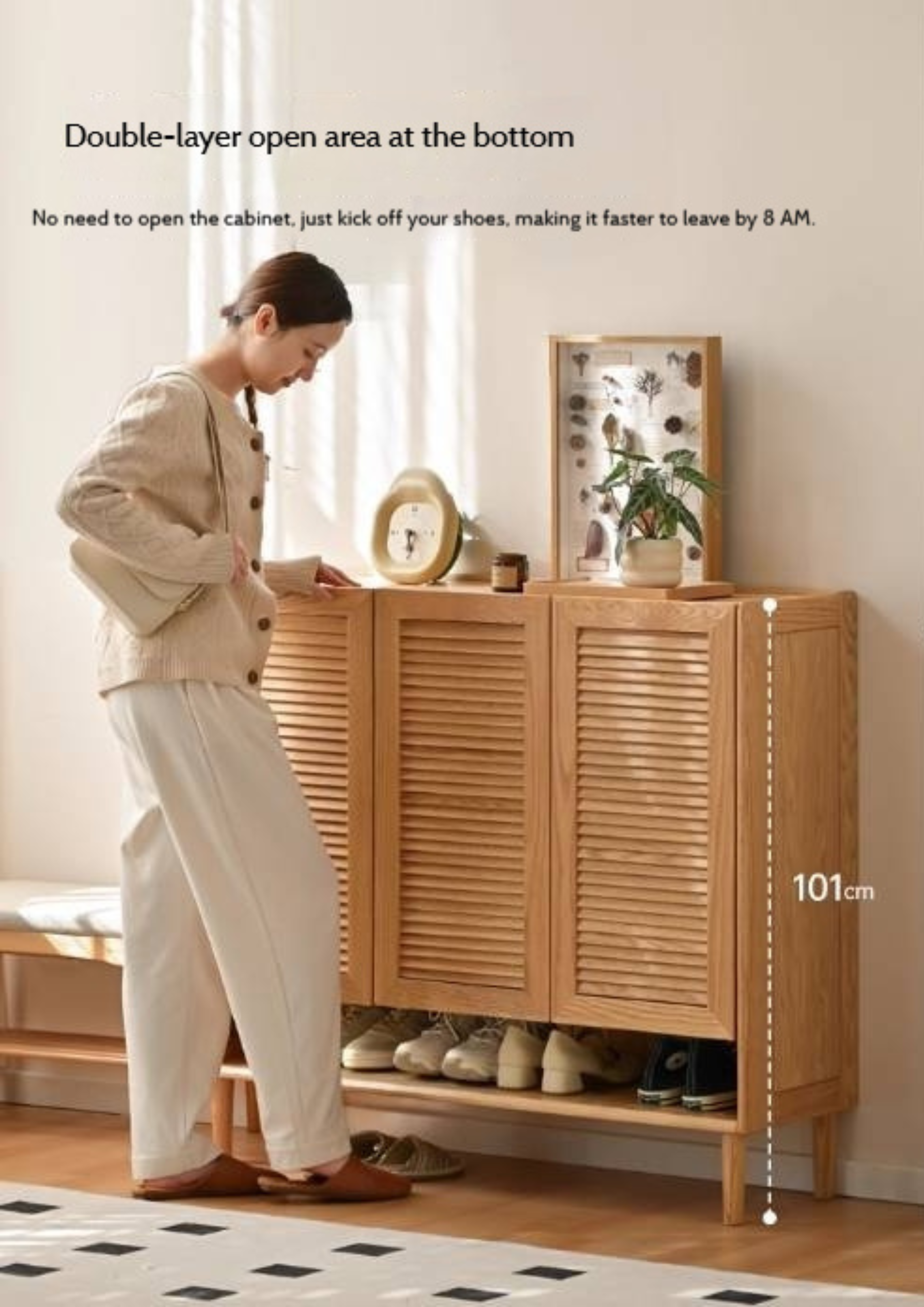 Oak, Solid Rubber Wood Modern Shoe Cabinet