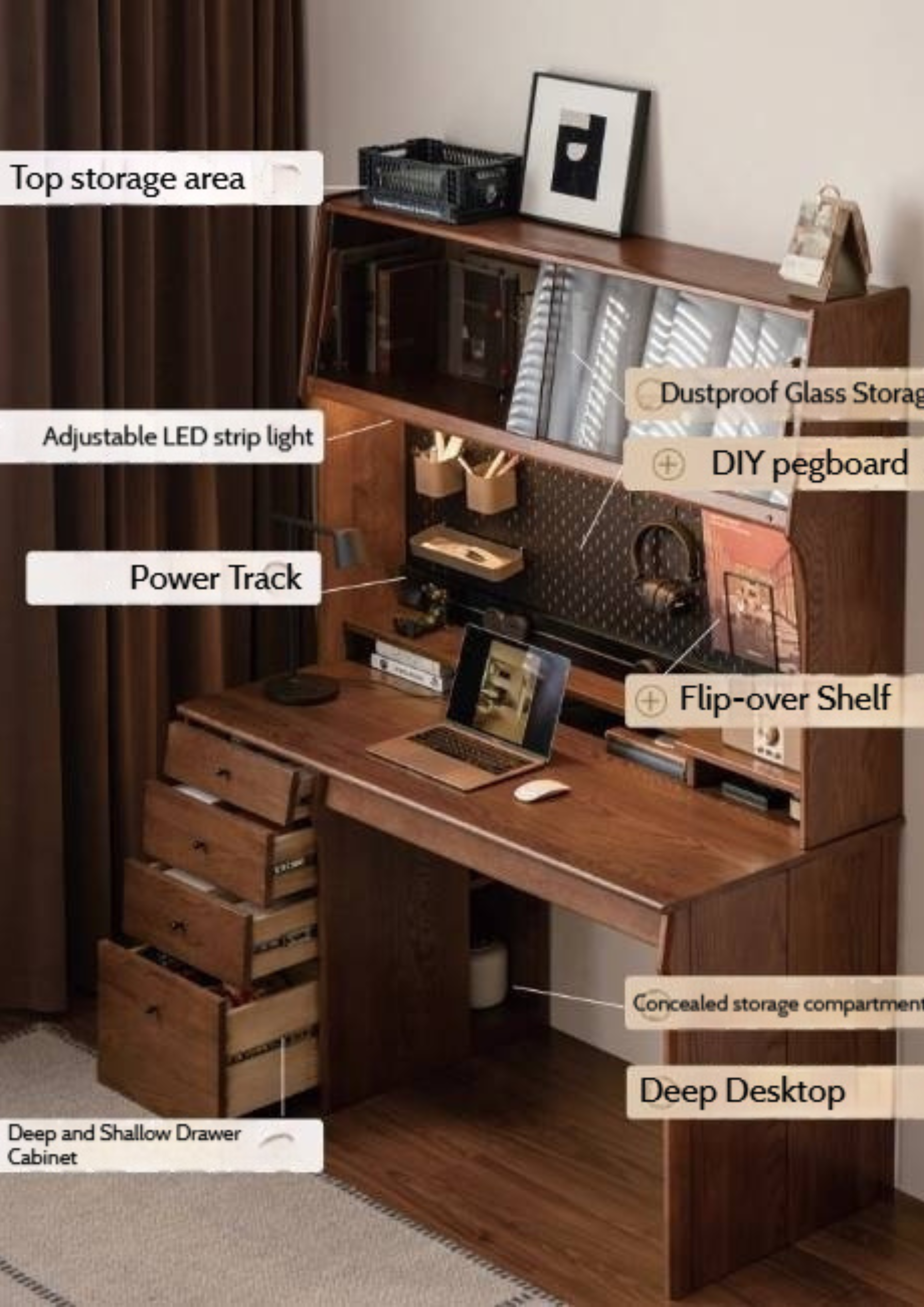 Oak Solid Wood Computer Desk With Shelf