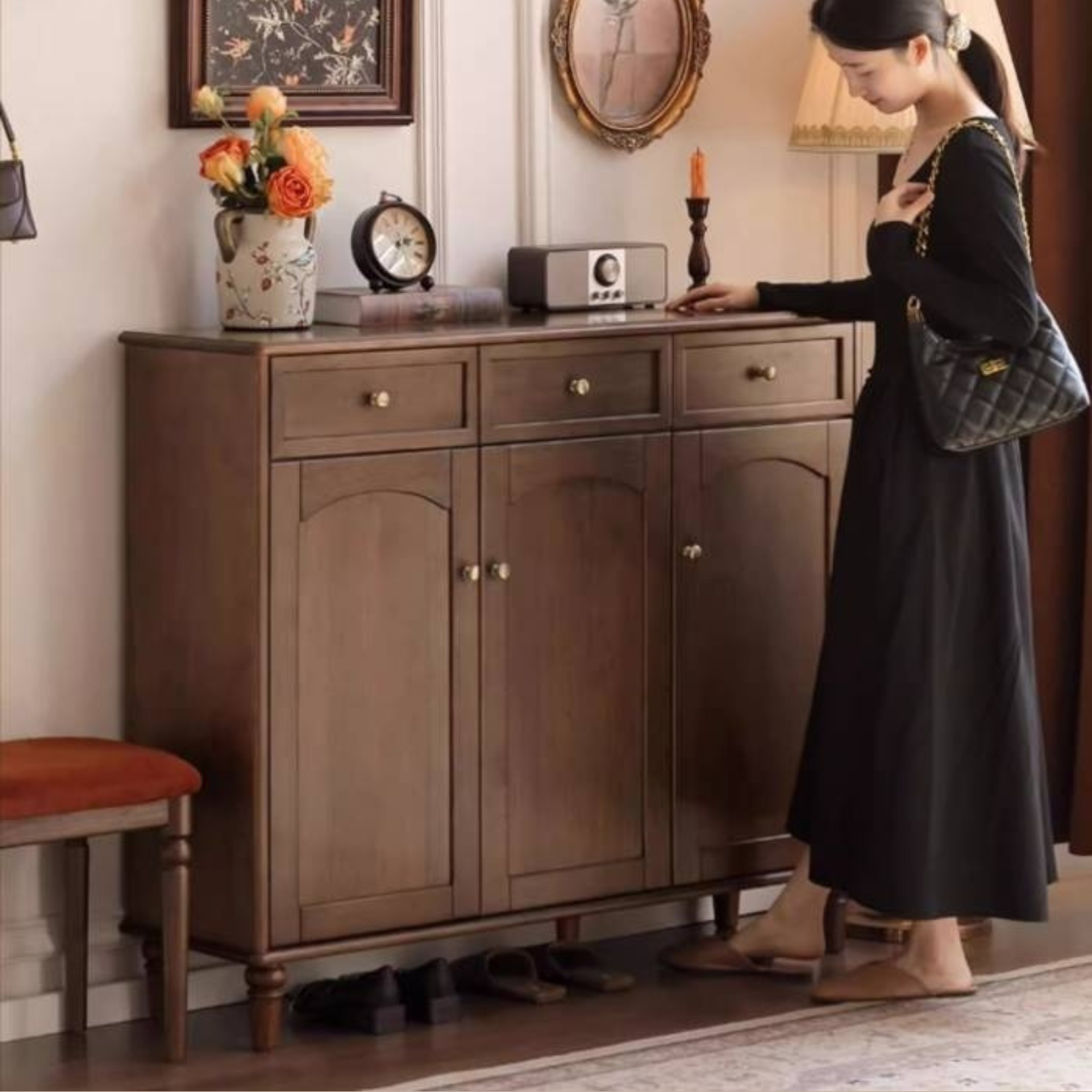 Sandalwood Solid Wood American Retro Storage Shoe Cabinet