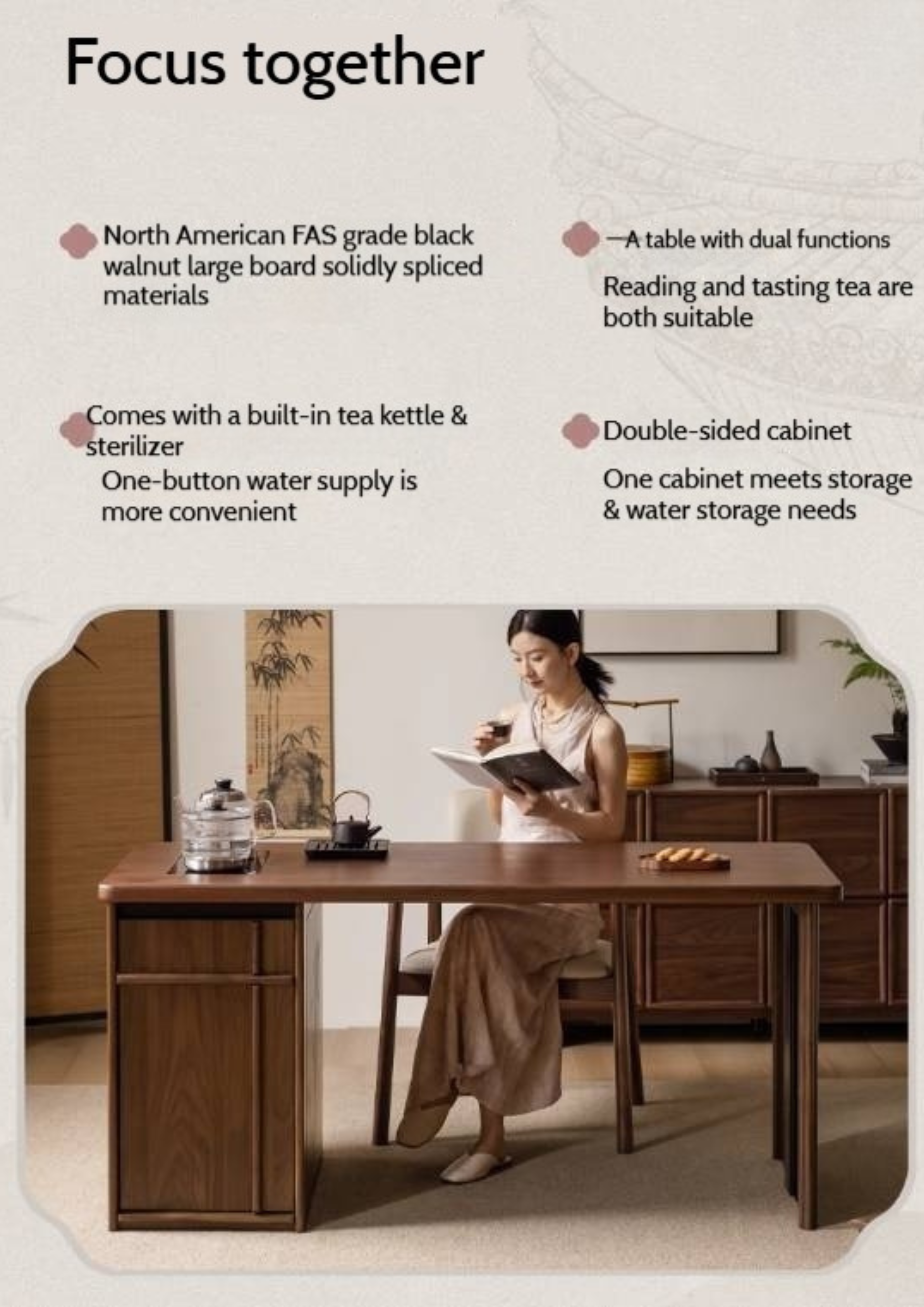 Black Walnut Solid Wood Rectangular Tea Table with Tea Tray