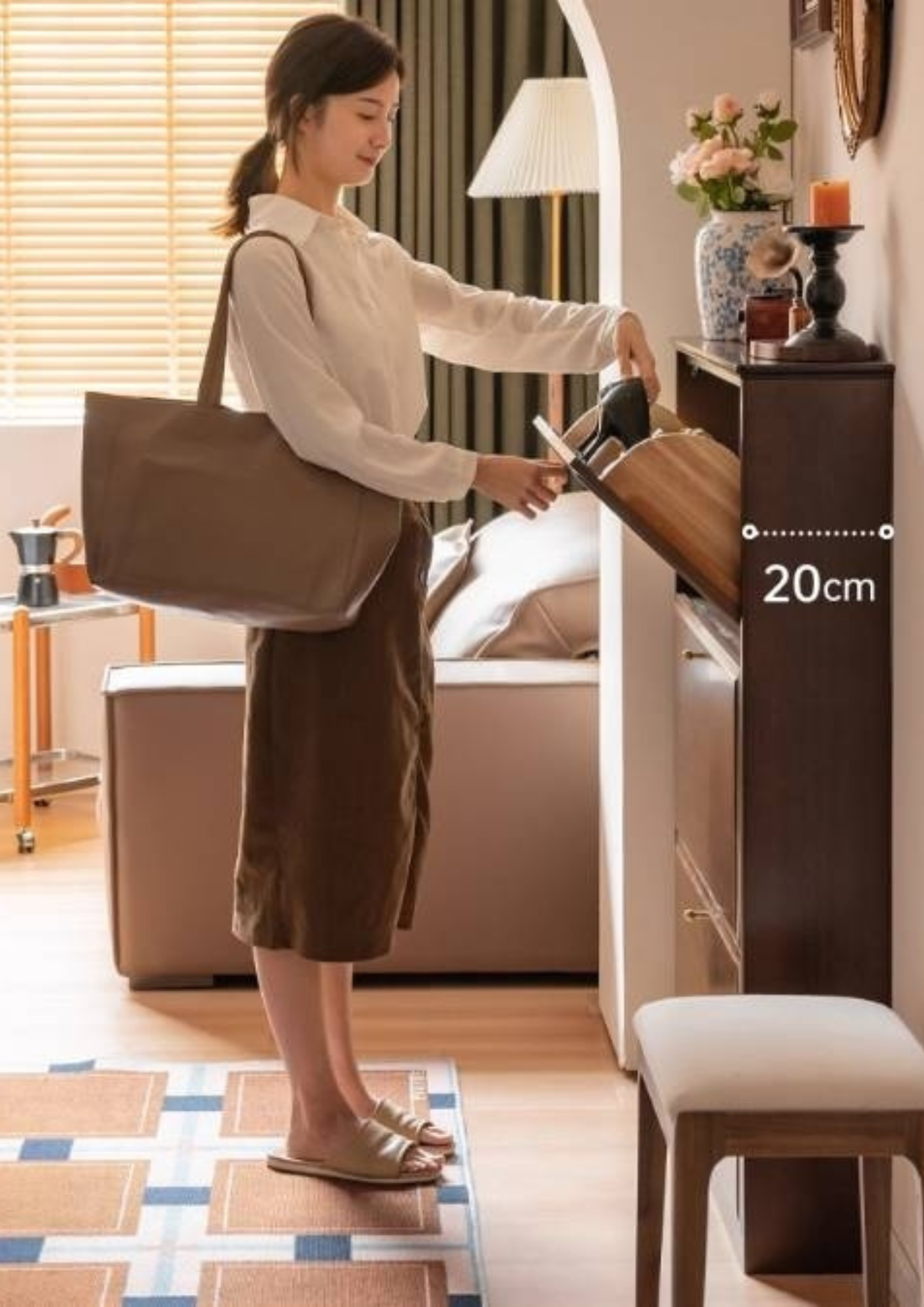 Poplar, Solid Rubber Wood Retro Narrow Shoe Cabinet