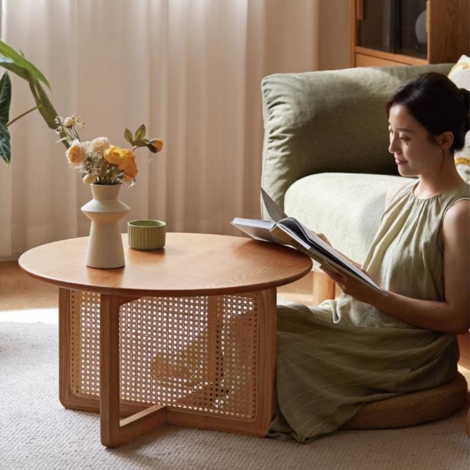 Oak Solid Wood Modern Rattan Coffee Table