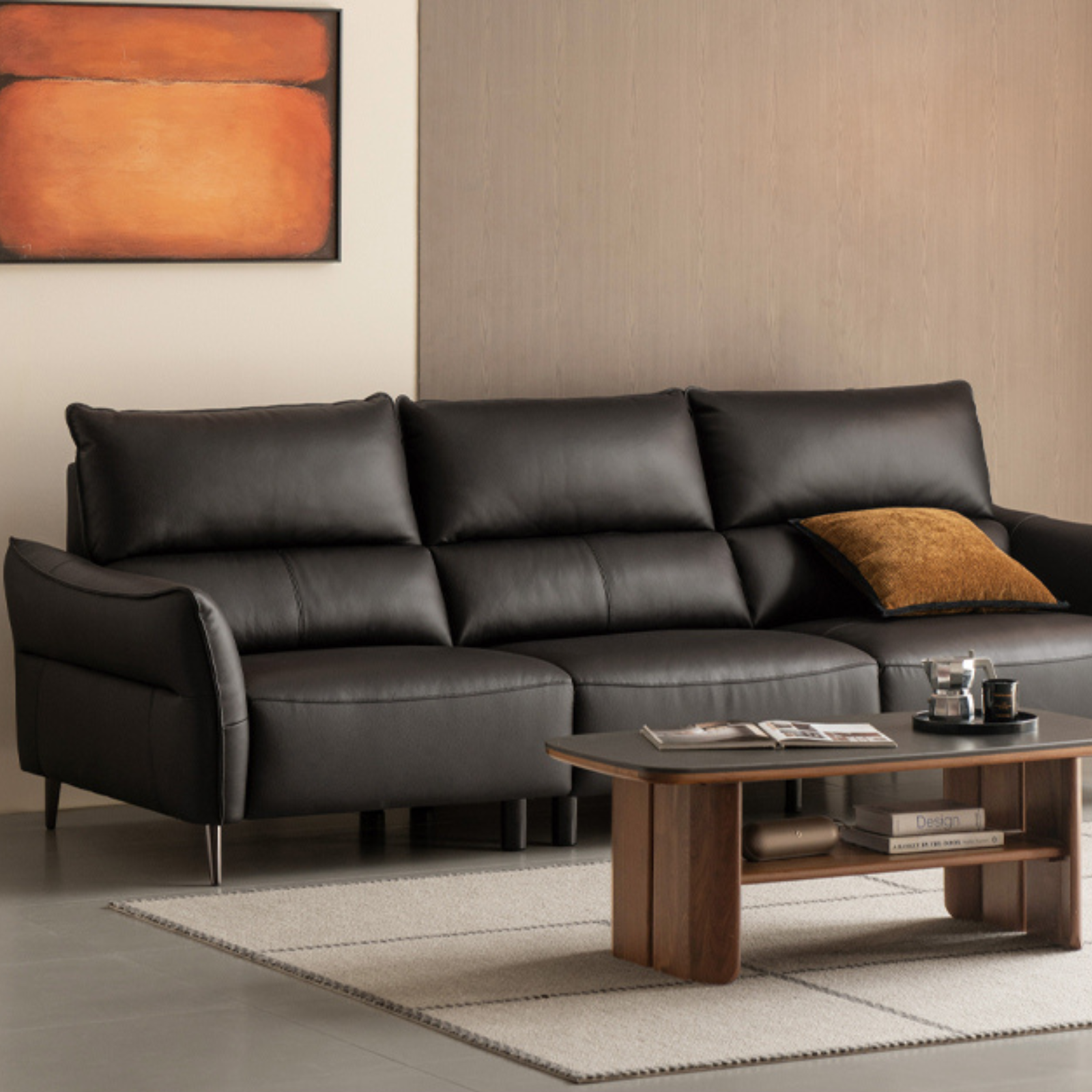 Genuine Top Grain Leather Modern Sofa, Clean Line Contemporary Design