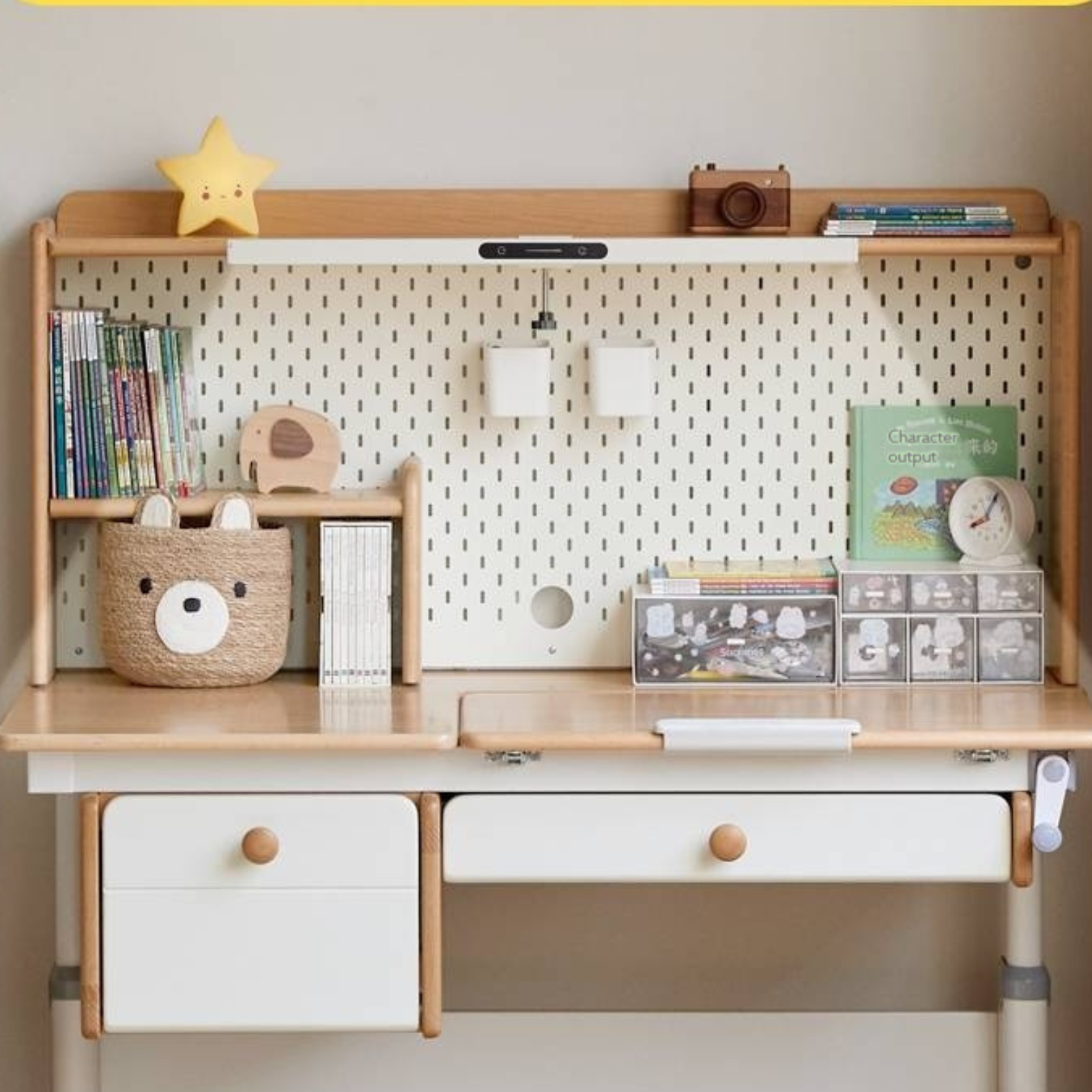 Beech Solid Wood Height Adjustable Children's Learning Desk with Eye-Protection Lamp