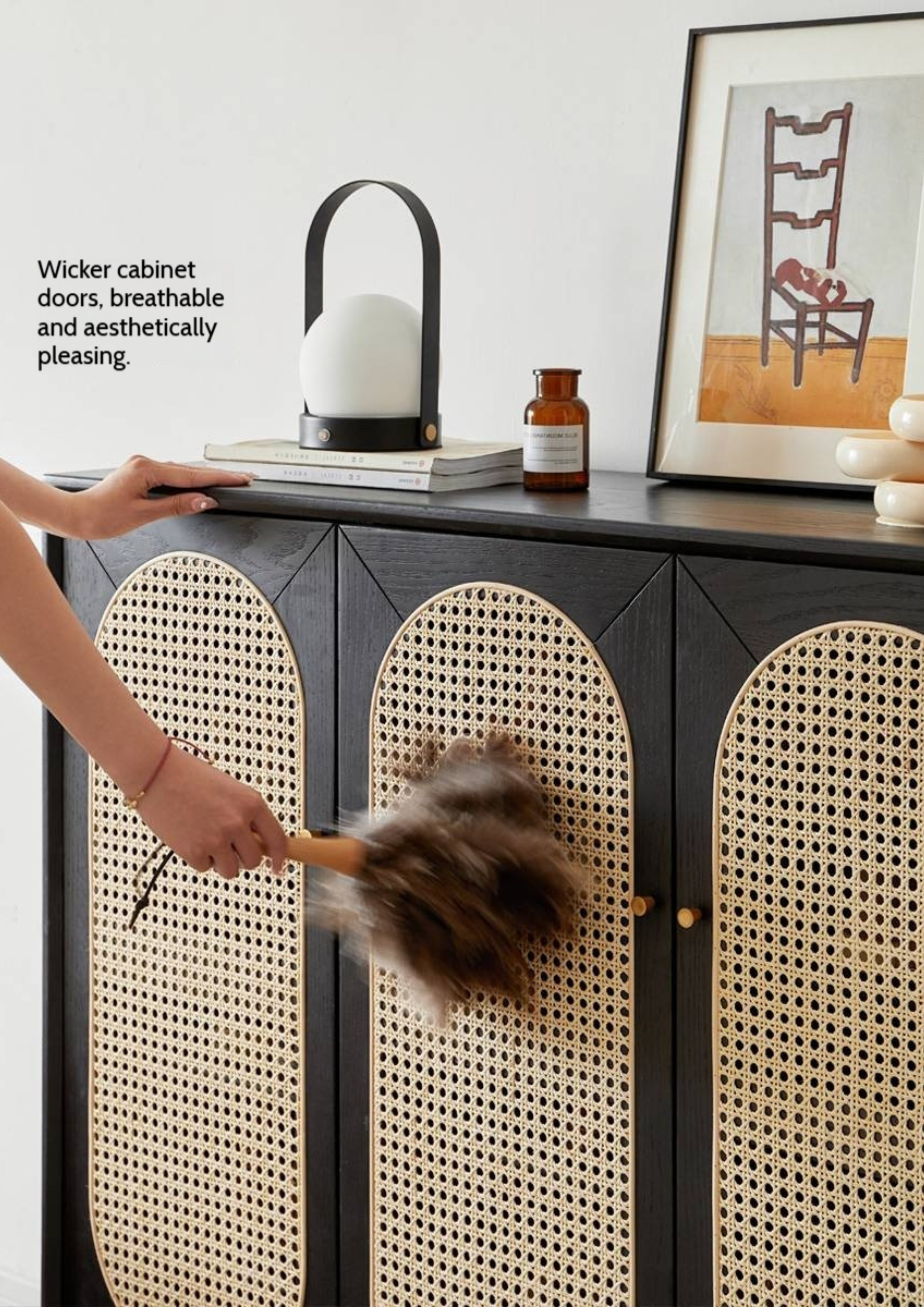 Oak Solid Wood Black Rattan Shoe Cabinet