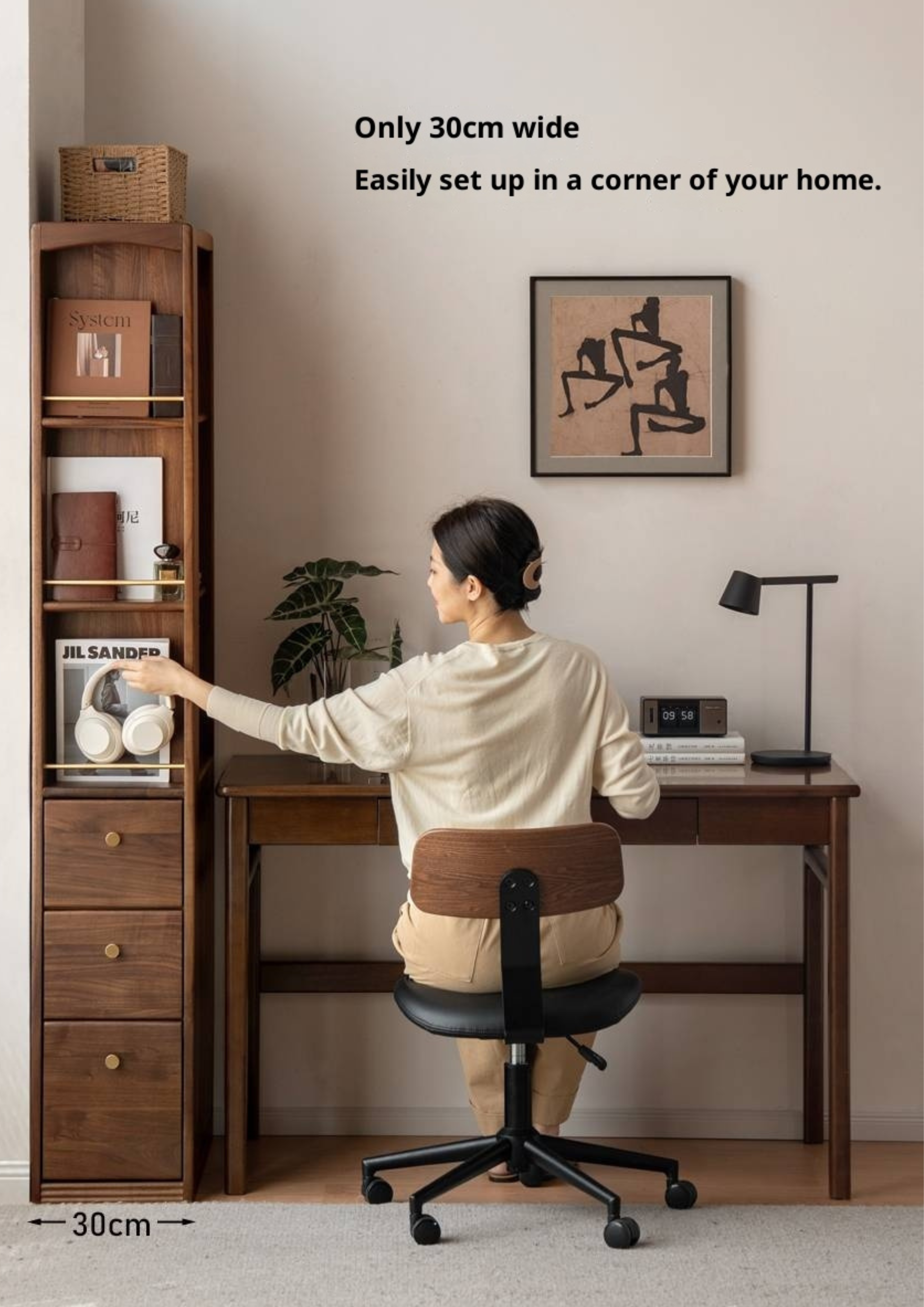 Black Walnut, Oak Solid Wood Narrow Bookcase