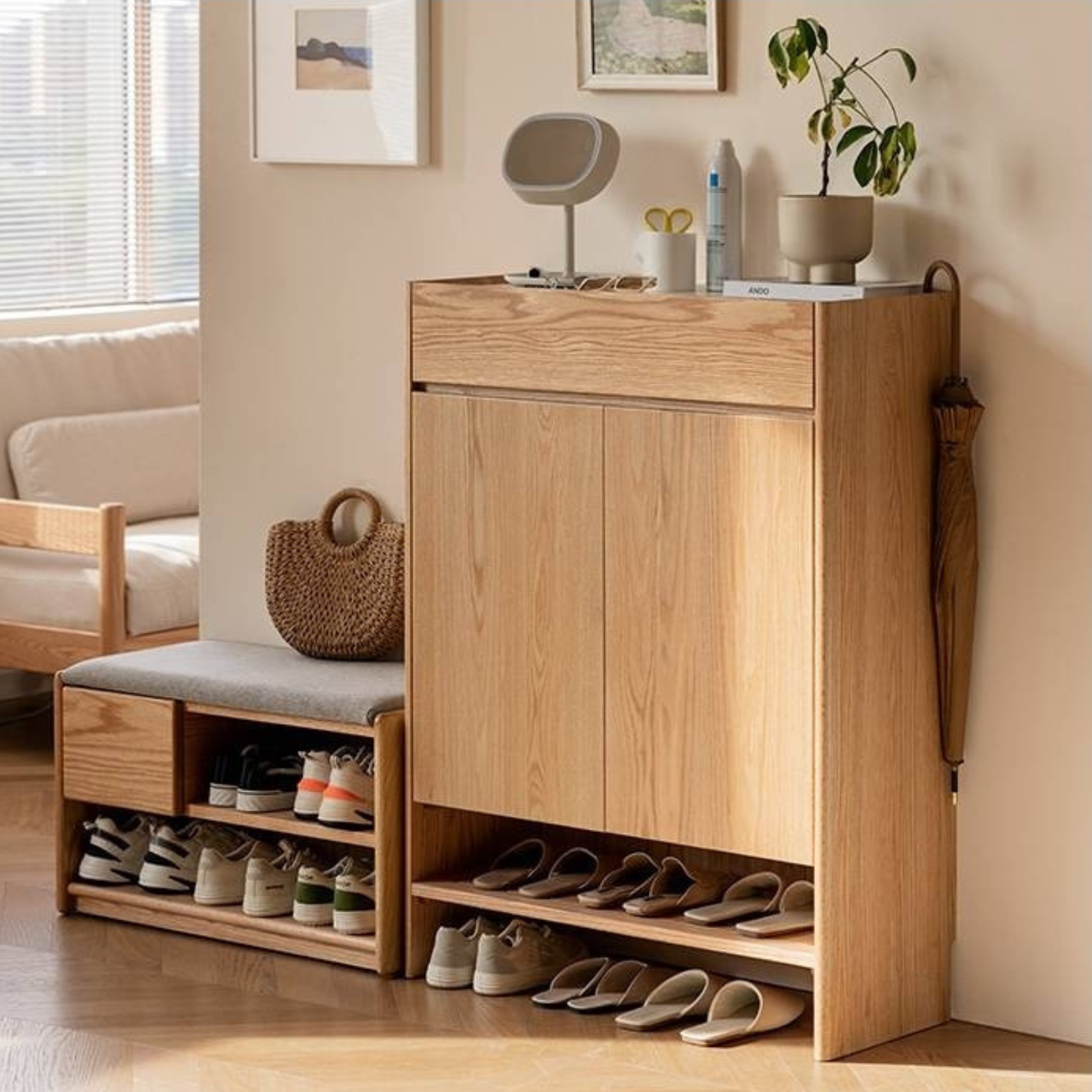 Oak, Ash Solid Wood Nordic Rock Slab Shoe Cabinet