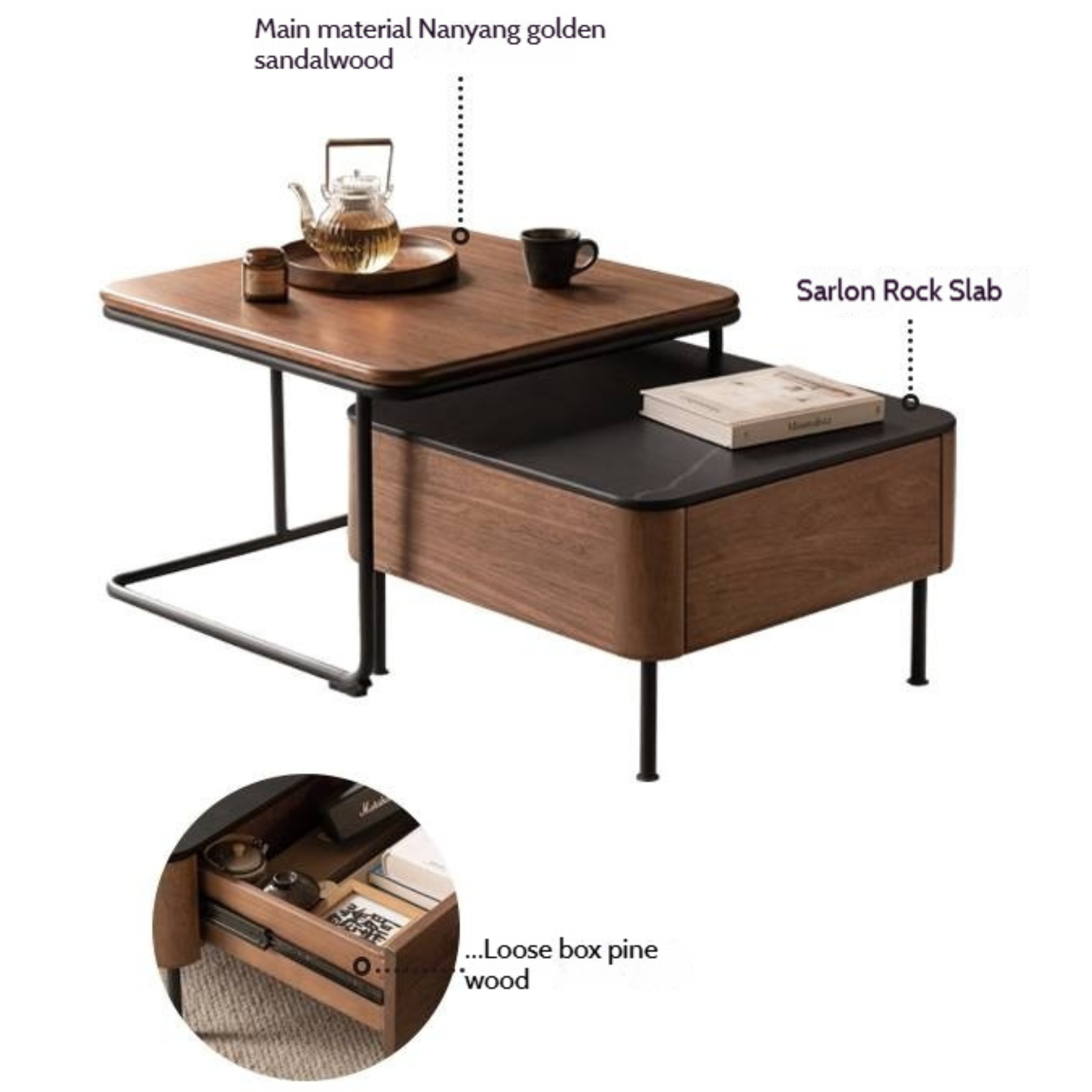Sandalwood Solid Wood Italian Light Luxury Rock Plate Tea Table