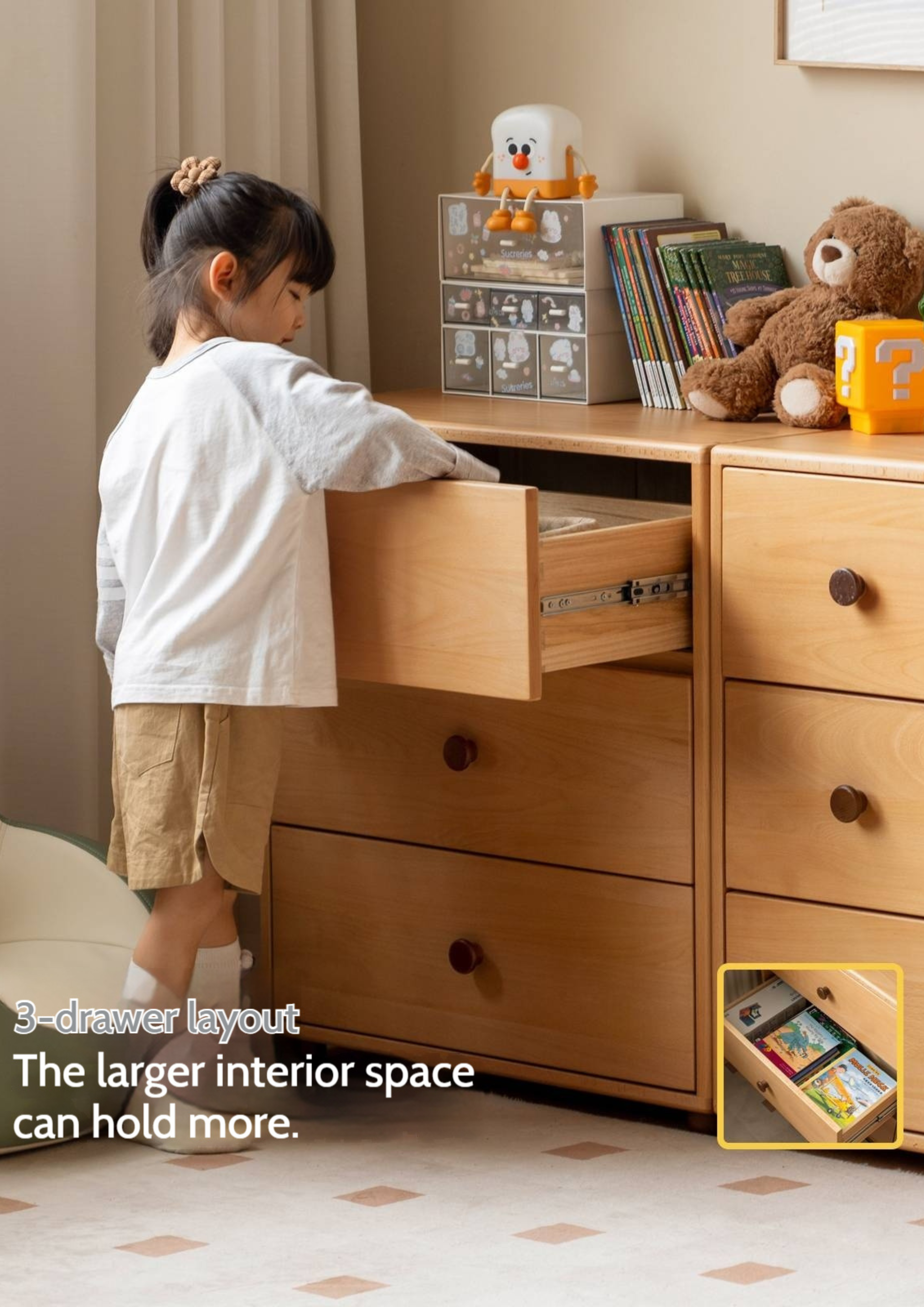 Solid Rubber Wood, Beech Solid Wood Nordic Style Children's Chest of Drawers