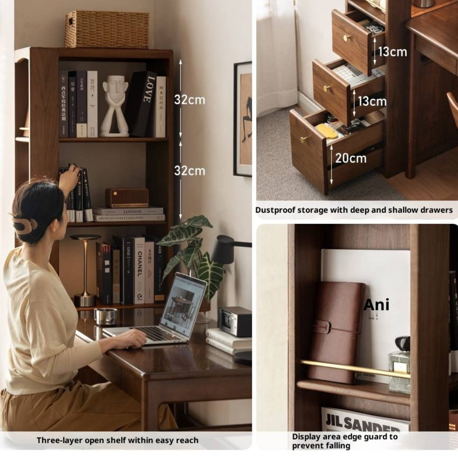 Black Walnut, Oak Solid Wood Narrow Bookcase