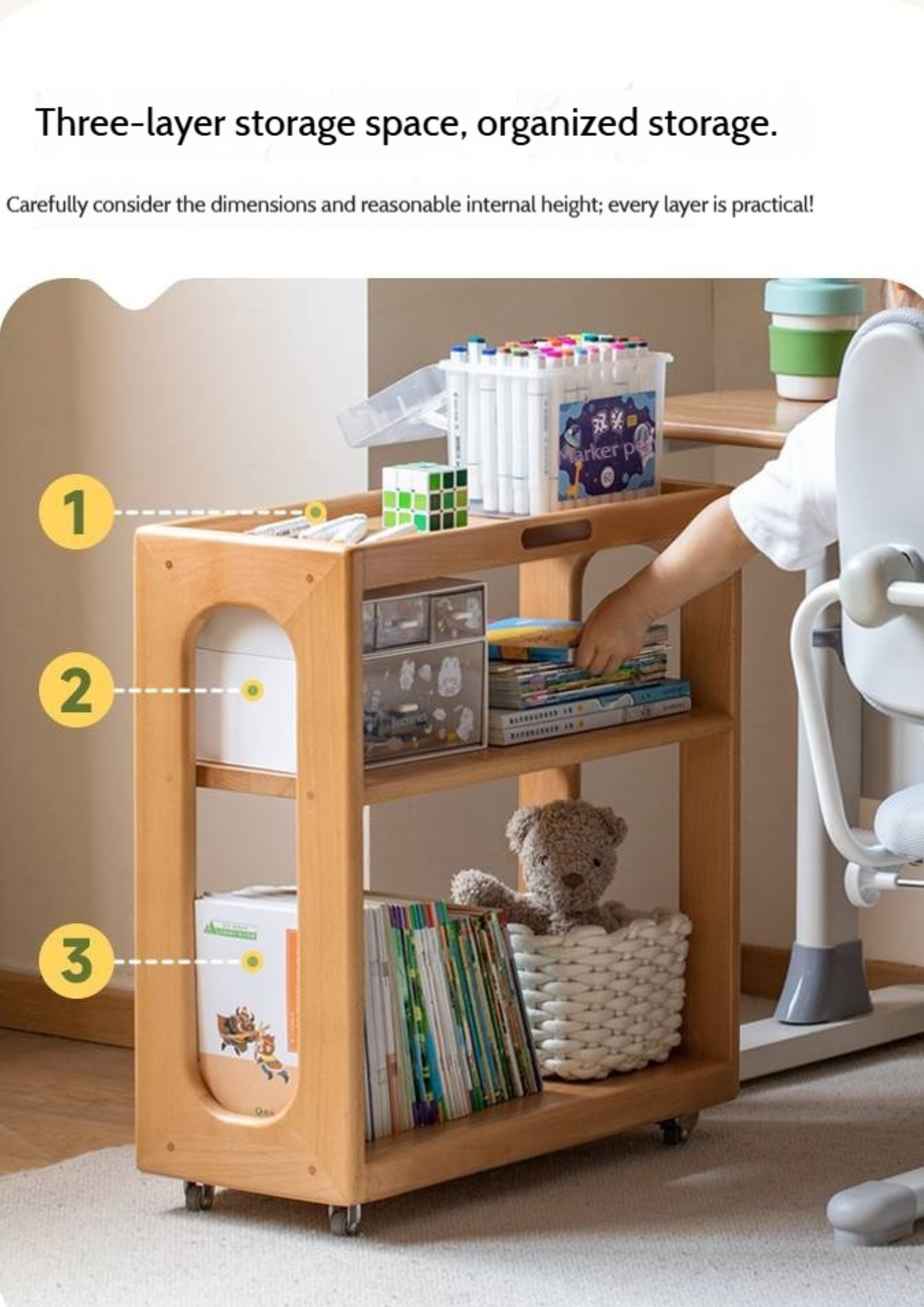 Beech Solid Wood Movable Children's Montessori Under-Table Bookshelf with Wheels