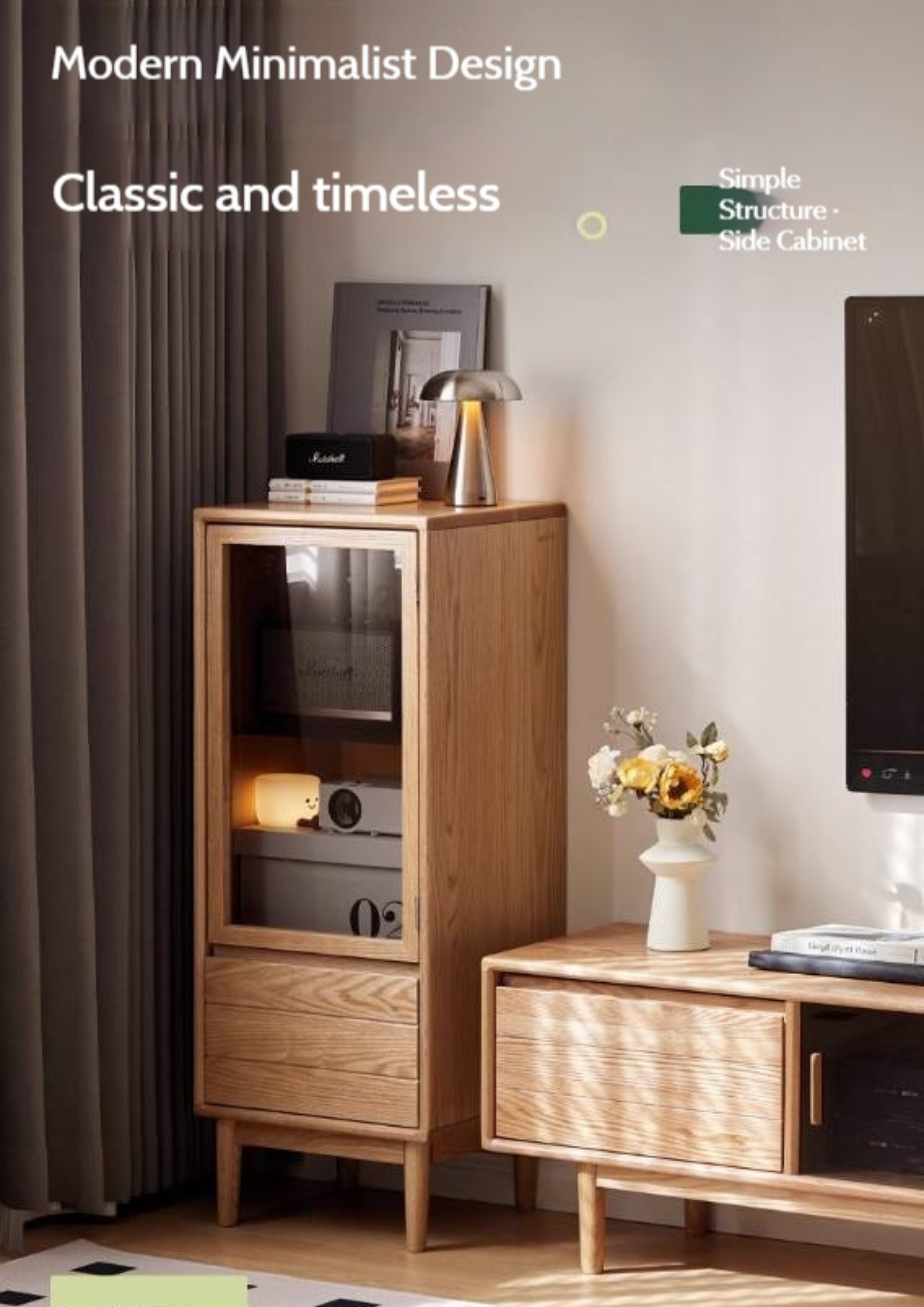 Oak Solid Wood Modern Simple Storage Side Cabinet.