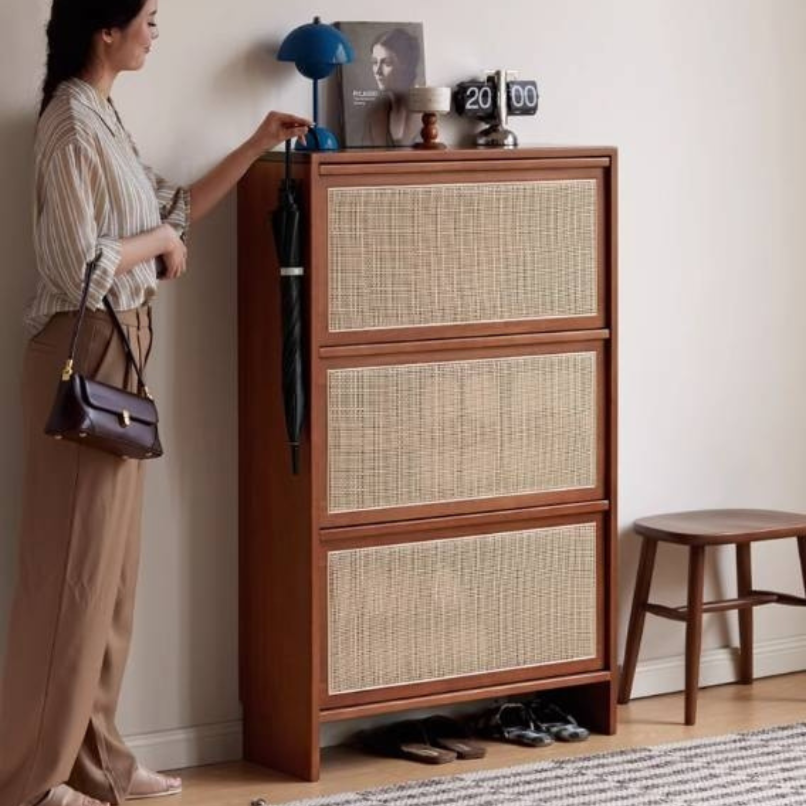 Tulipwood Solid Wood Rattan Shoe Cabinet Antique Style