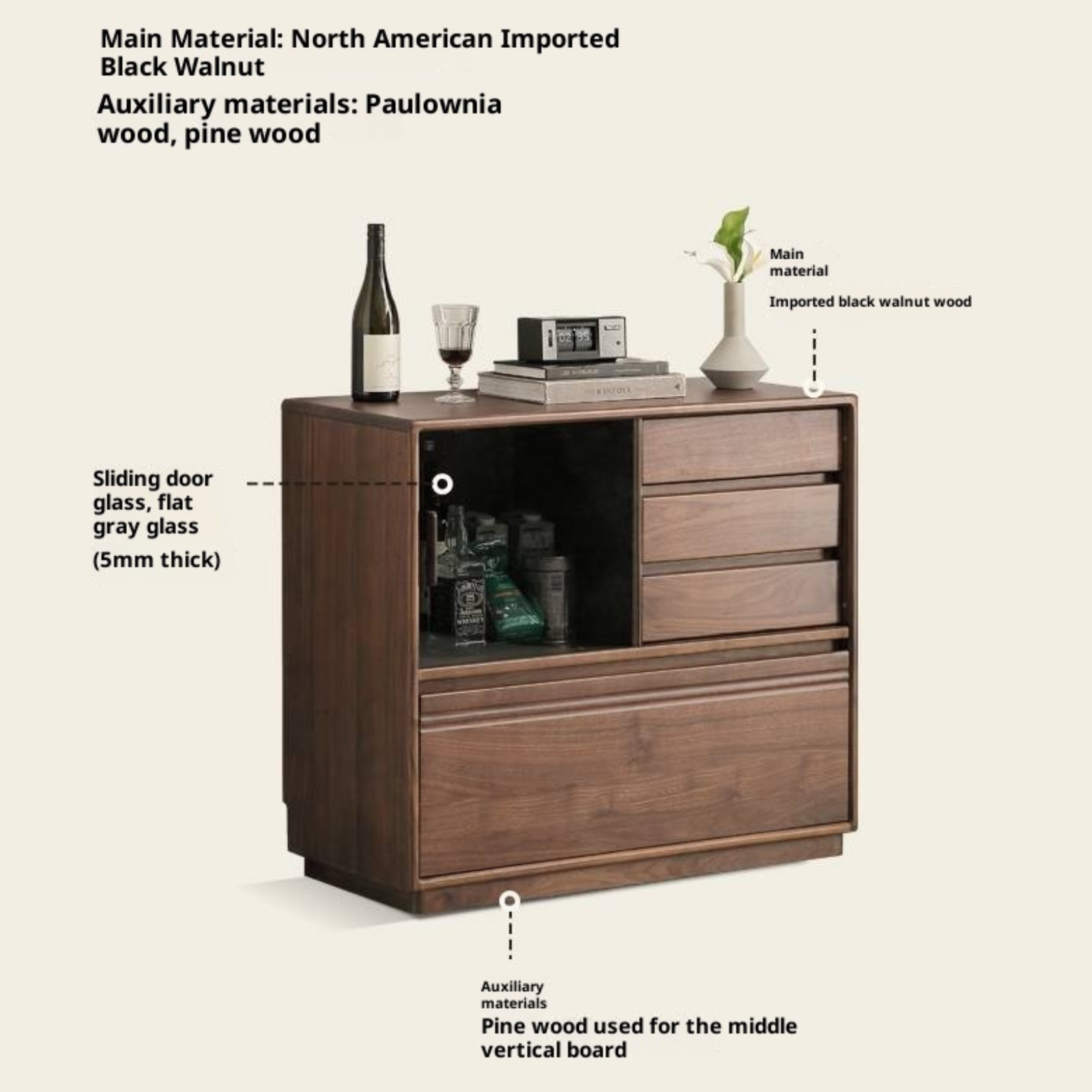 Black Walnut Solid Wood Modern Side Cabinet.