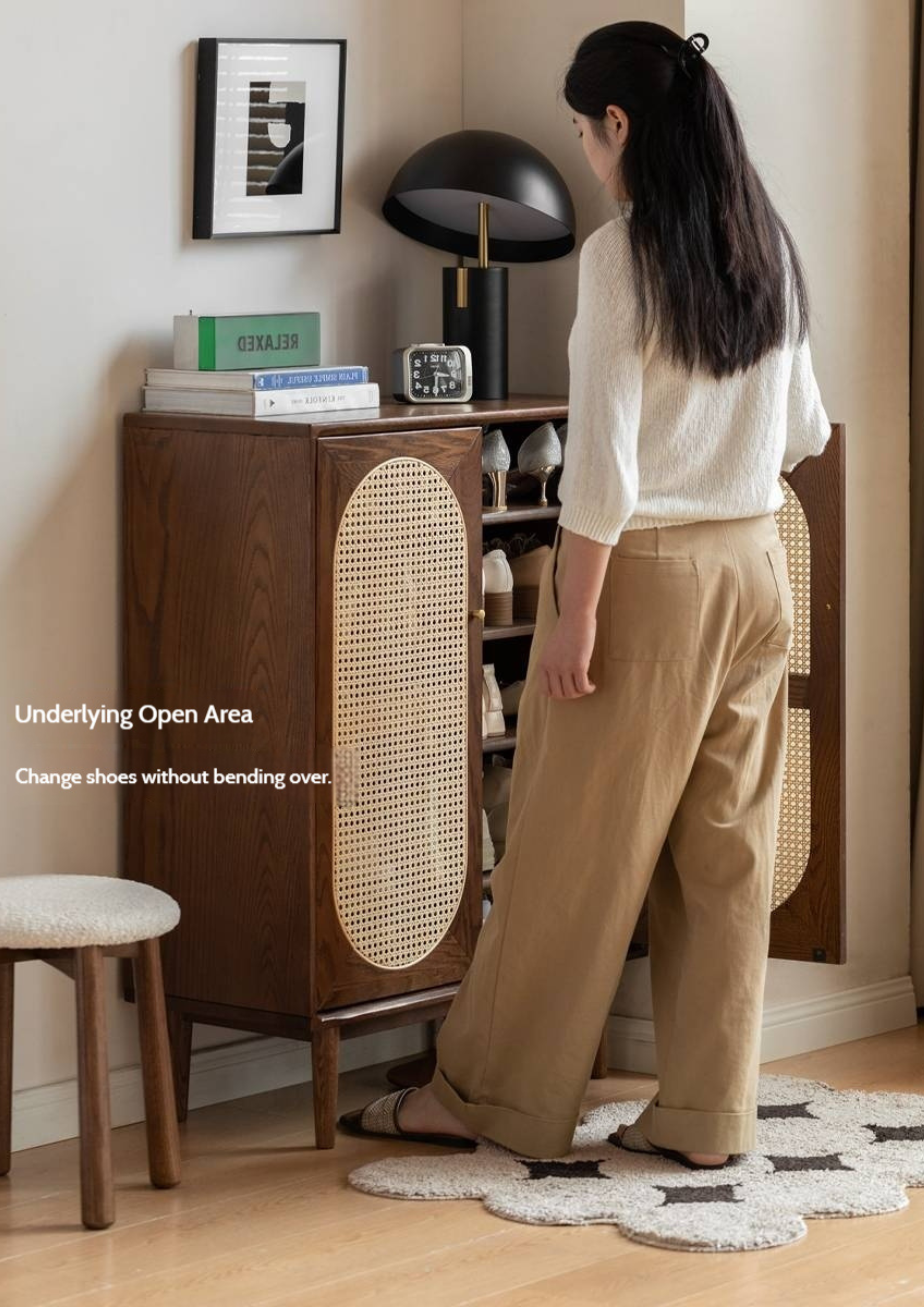 Oak Solid Wood Rattan Wall-Mounted Shoe Cabinet