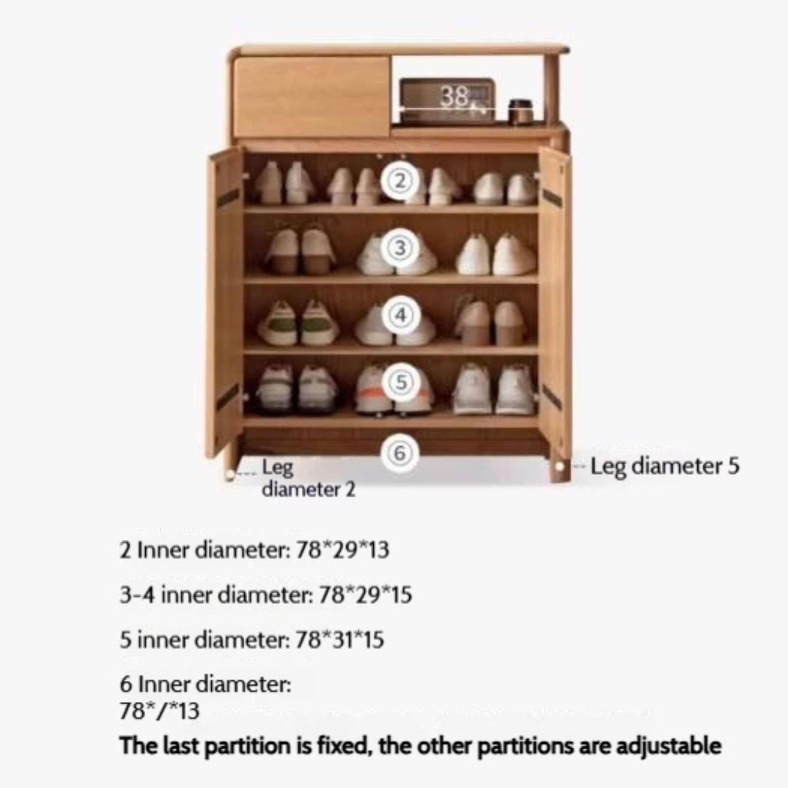 Oak, Solid Rubber Wood Partition Shoe Cabinet