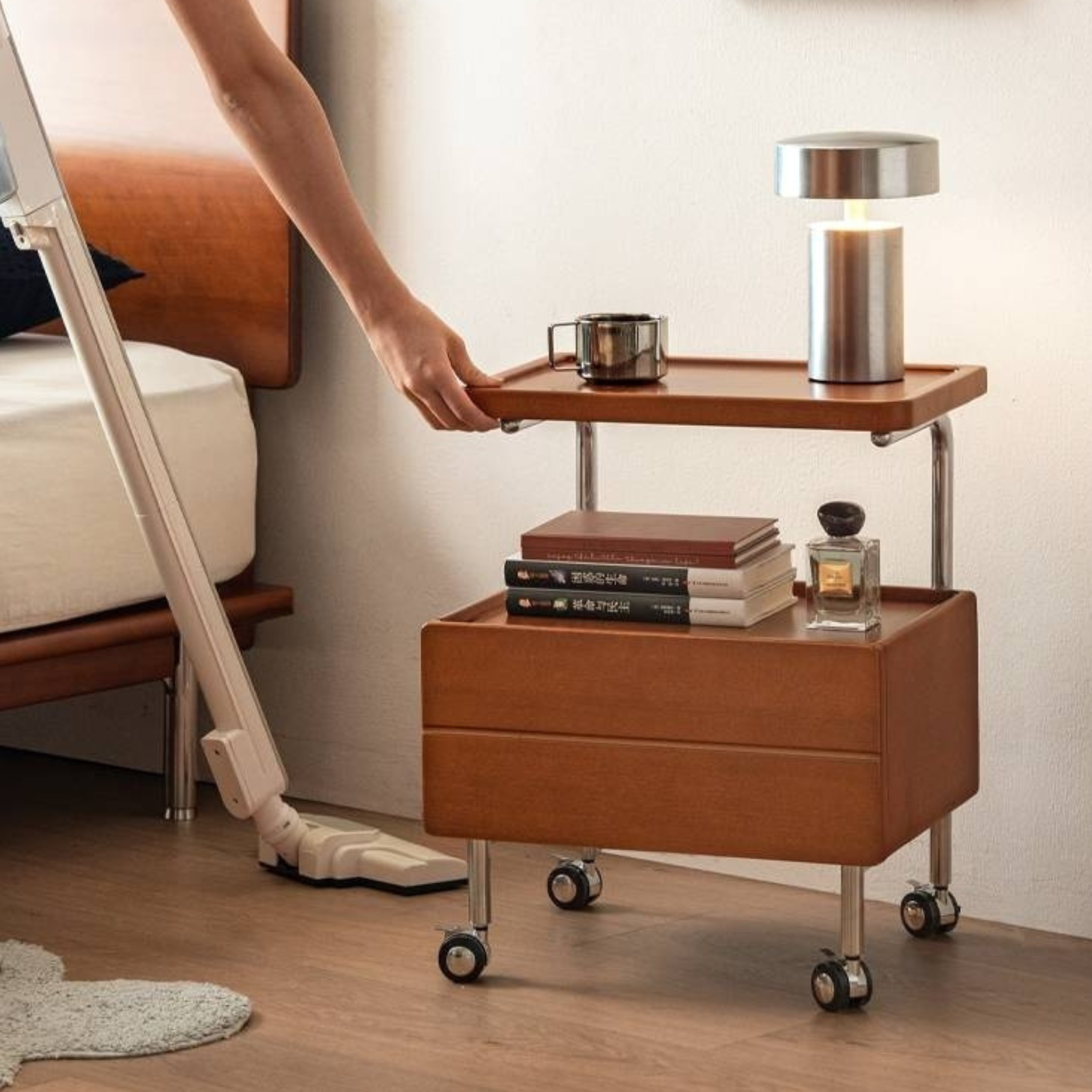 Poplar Solid Wood Vintage Style Mobile Nightstand