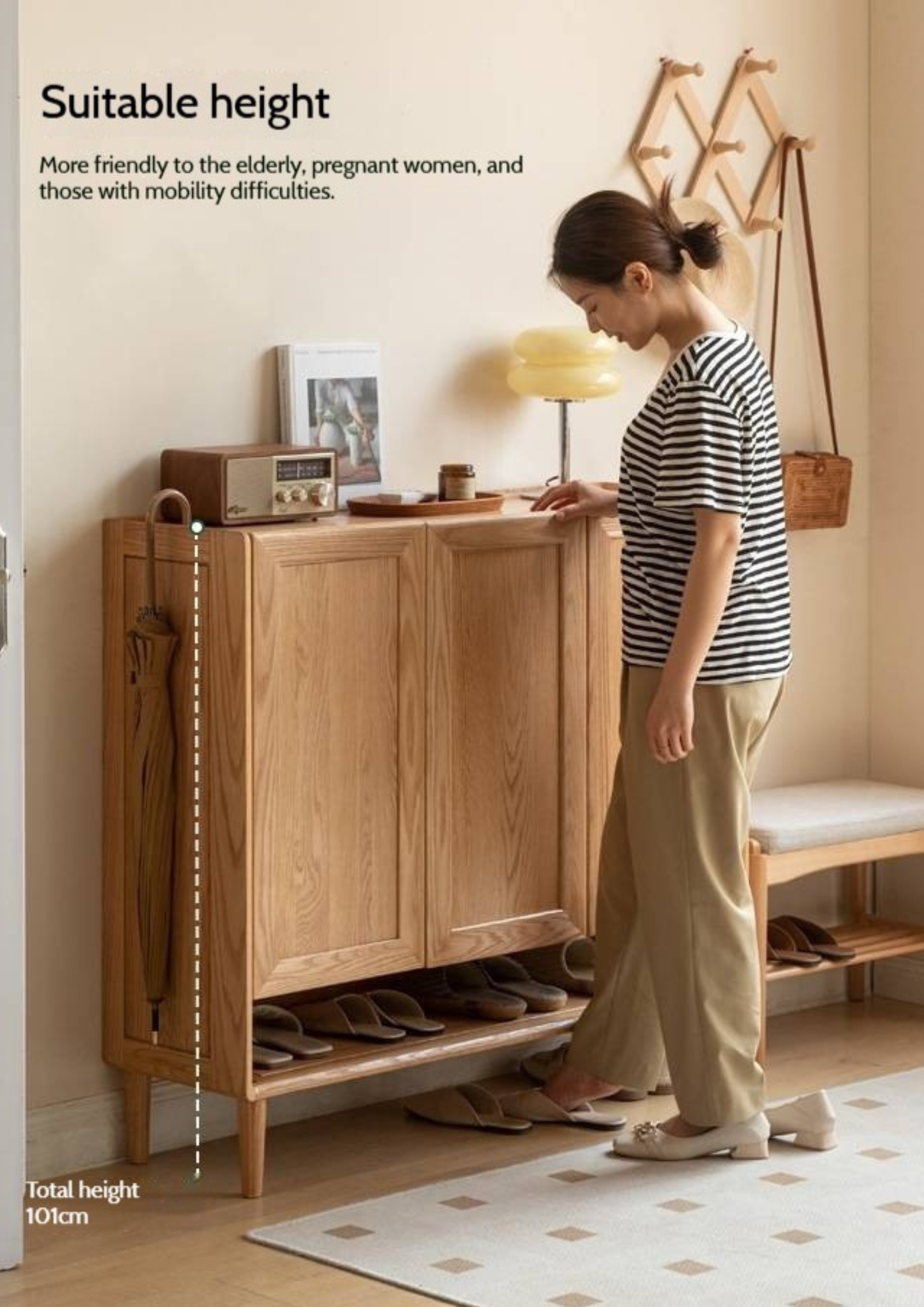 Oak, Solid Rubber Wood Shoe Cabinet