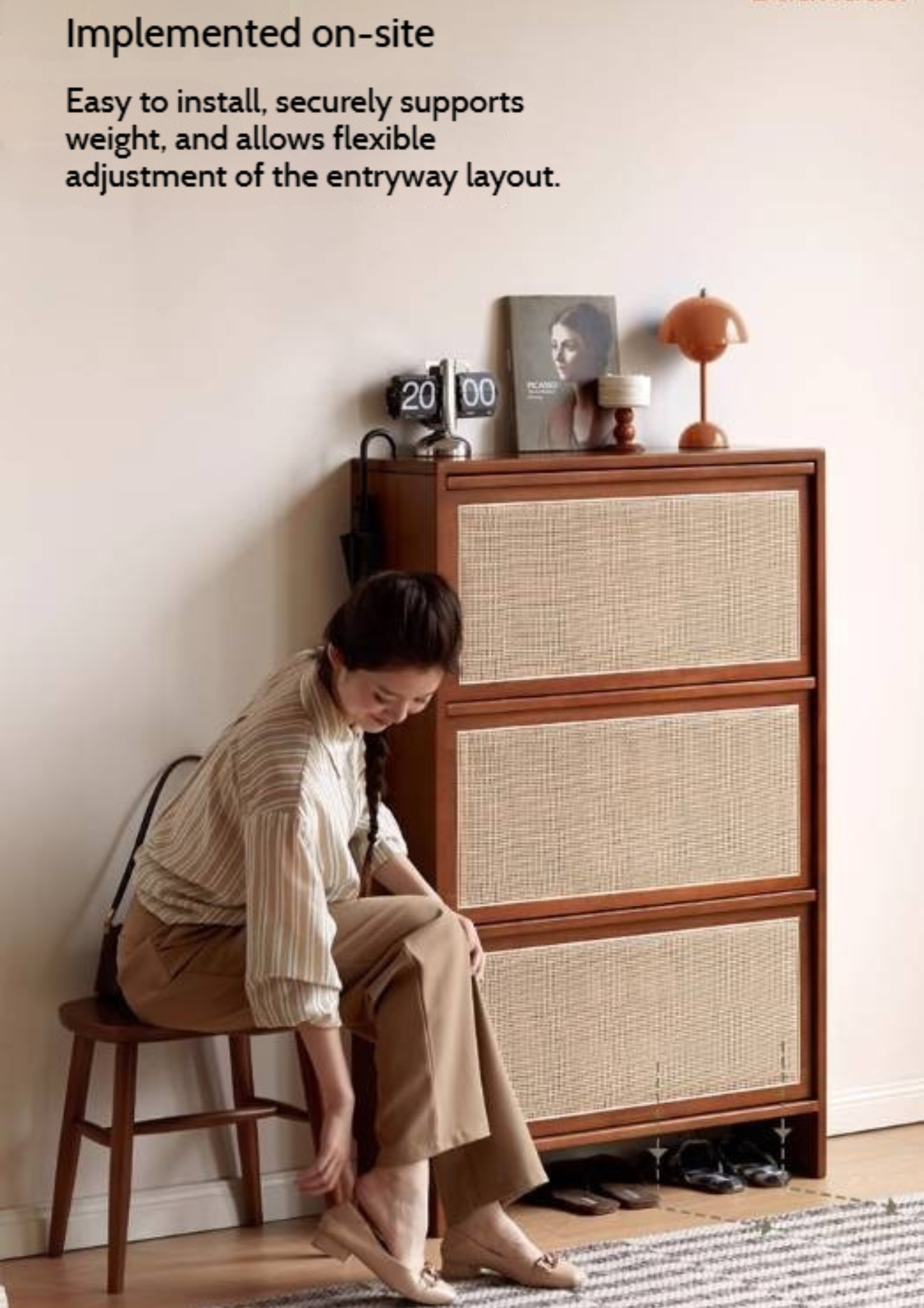 Tulipwood Solid Wood Rattan Shoe Cabinet Antique Style