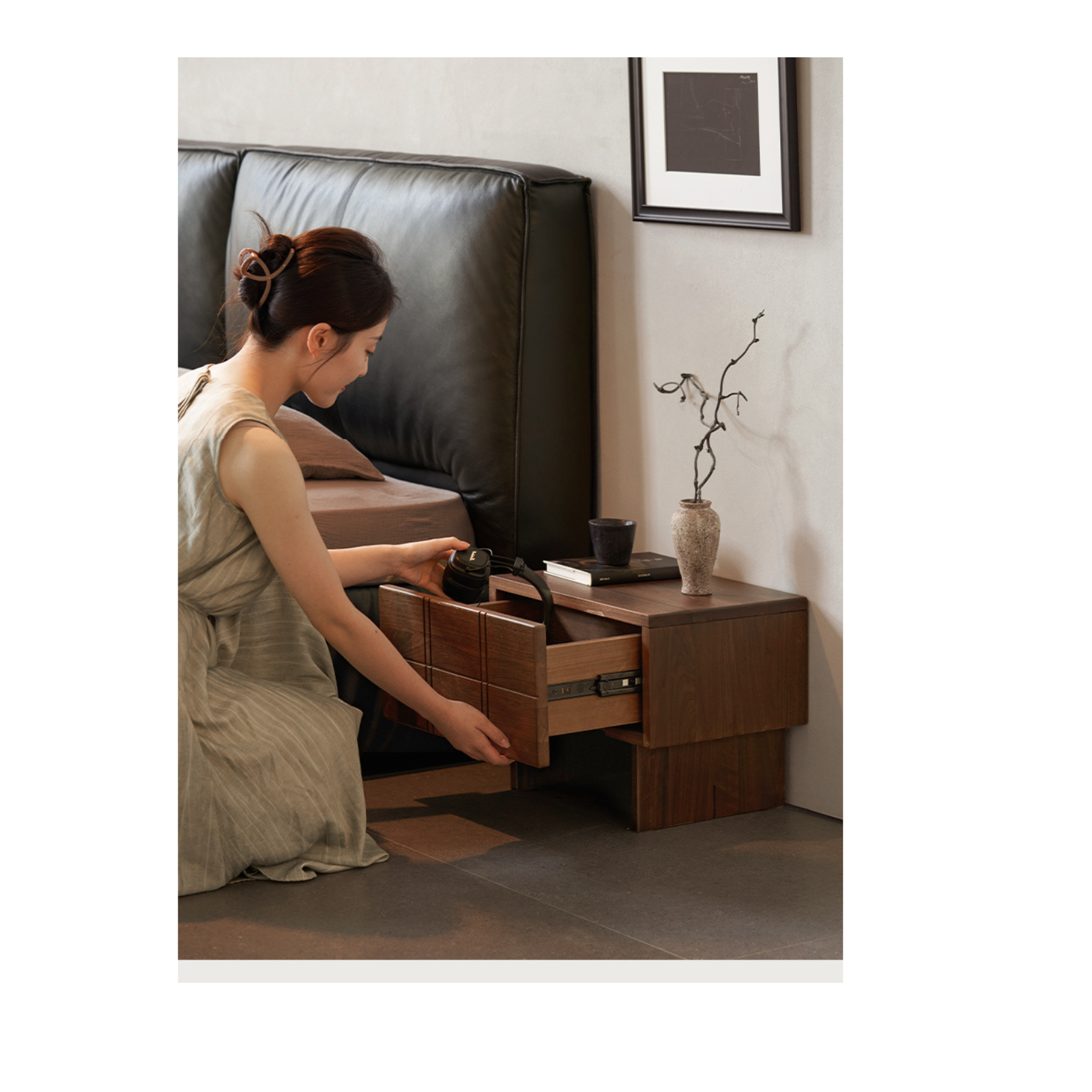 Black Walnut, Oak Wood Wabi-Sabi Style Nightstand