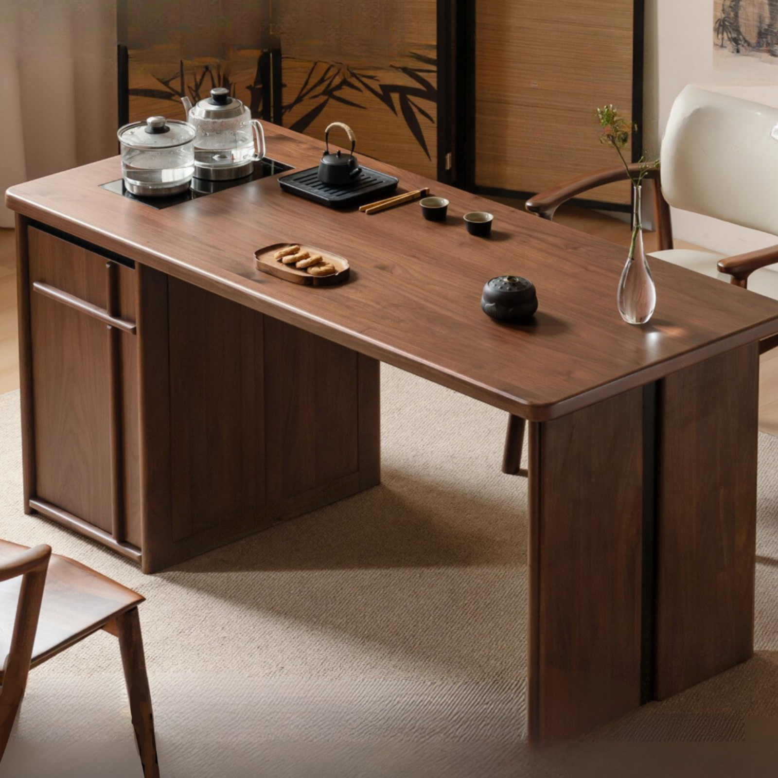 Black Walnut Solid Wood Rectangular Tea Table with Tea Tray