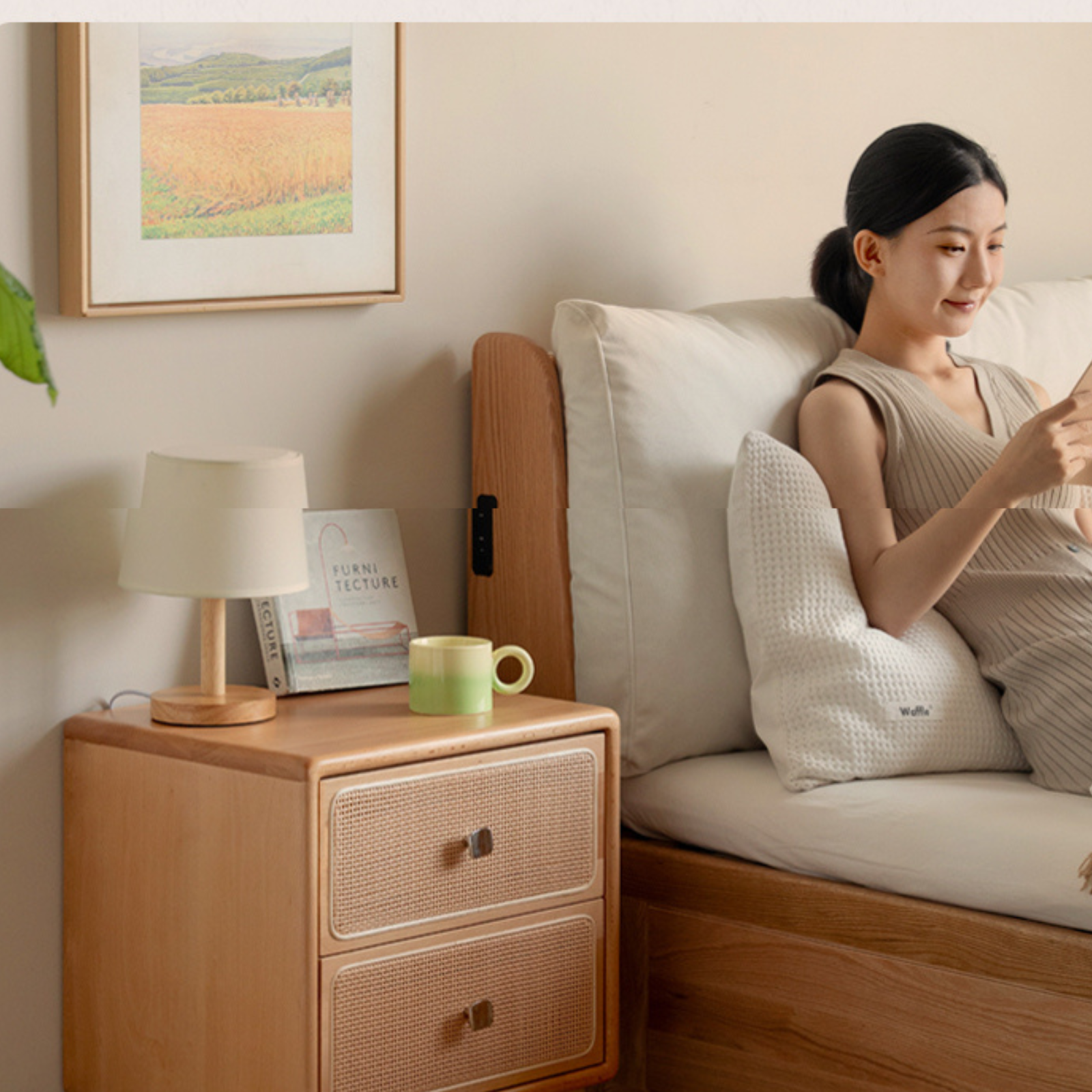 Beech Solid Wood Rattan Log Style Nightstand