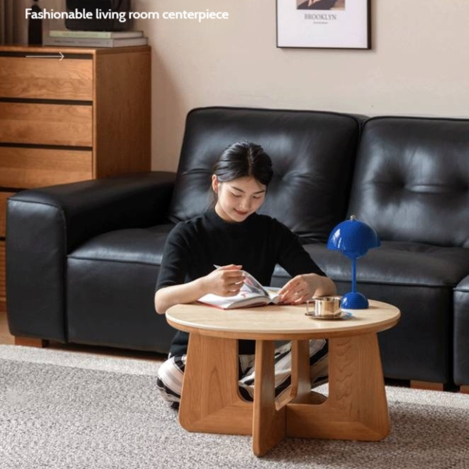 Cherry Solid Wood Rock Plate Round Coffee Table