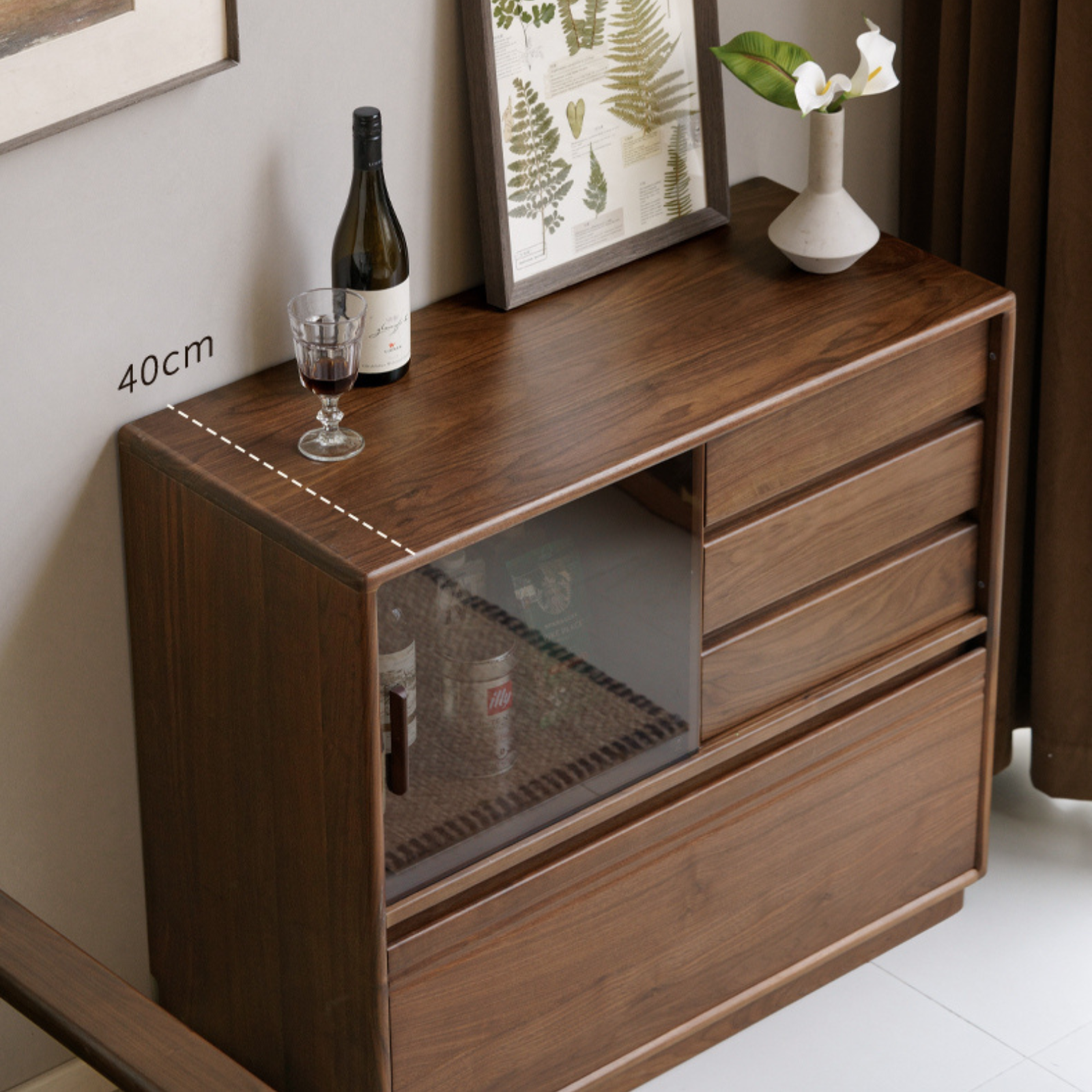 Black Walnut Solid Wood Modern Side Cabinet.