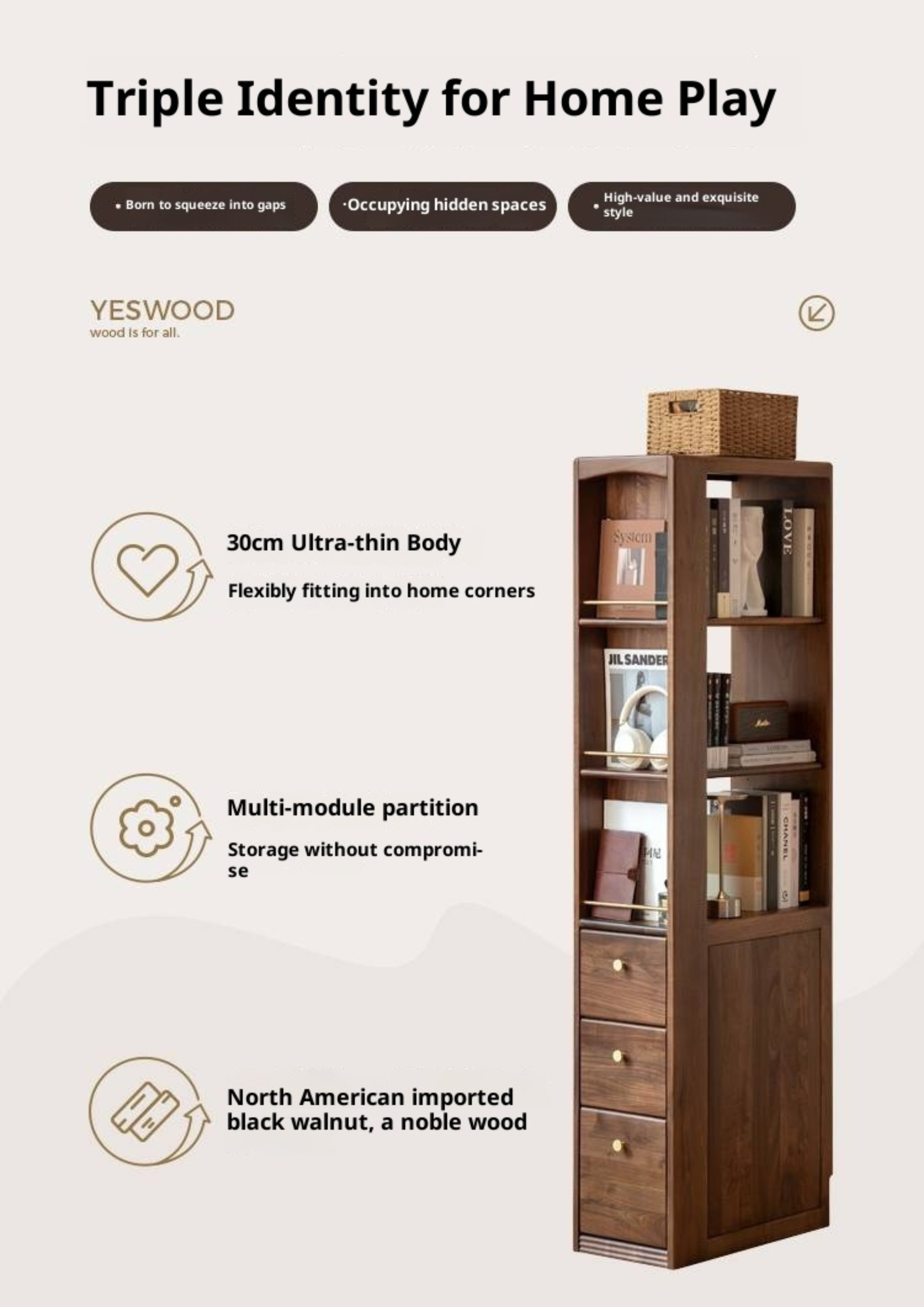 Black Walnut, Oak Solid Wood Narrow Bookcase