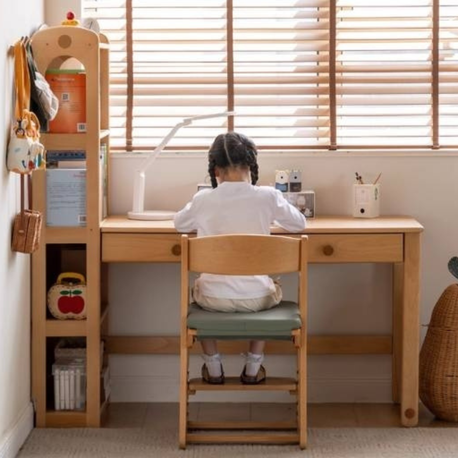 Beech Solid Wood Children's Desk and Bookshelf