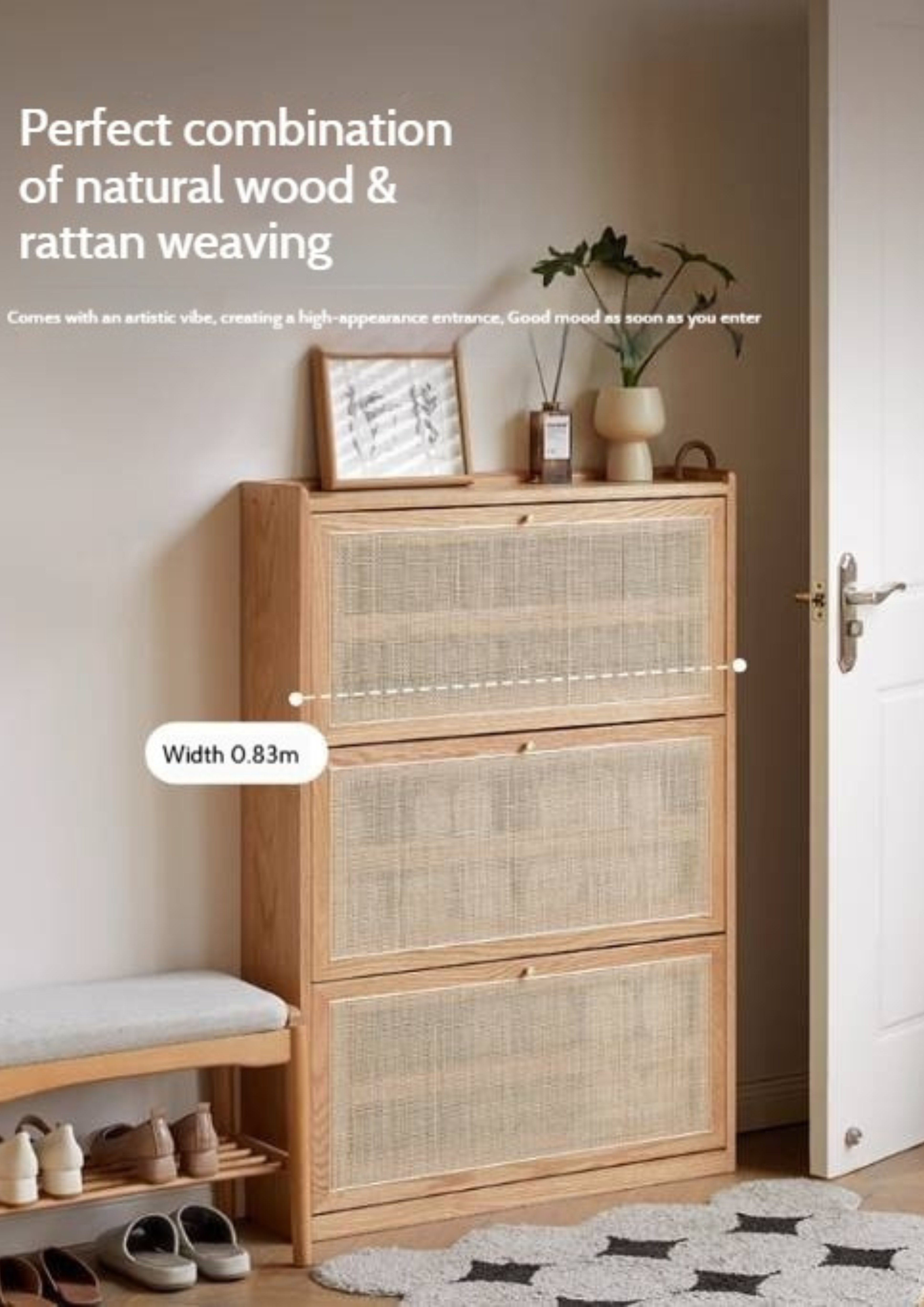 Oak Solid Wood Ultra-Thin Flap Door Rattan Shoe Cabinet