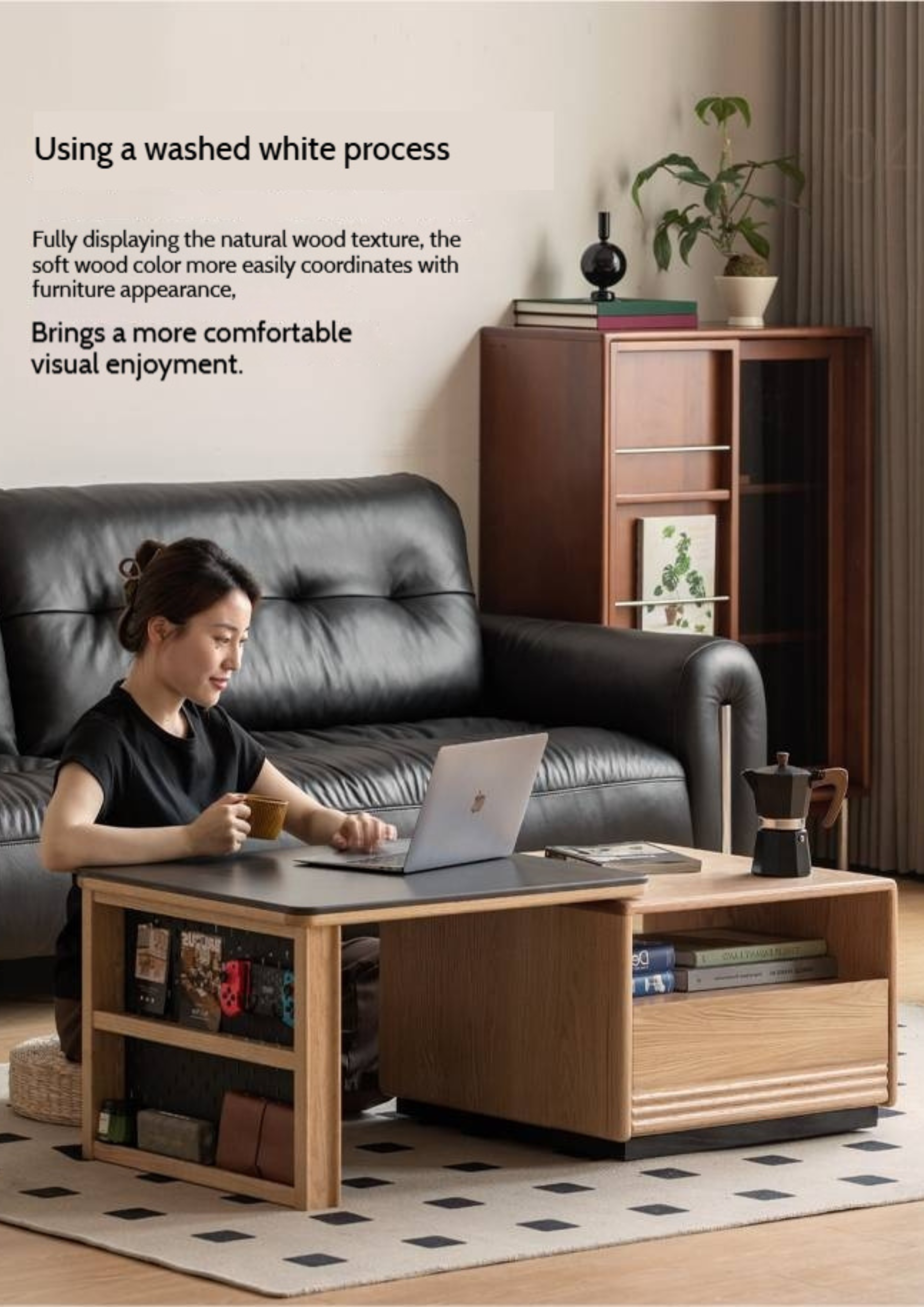 Beech Solid Wood Removable Rock Plate Telescopic Tea Table