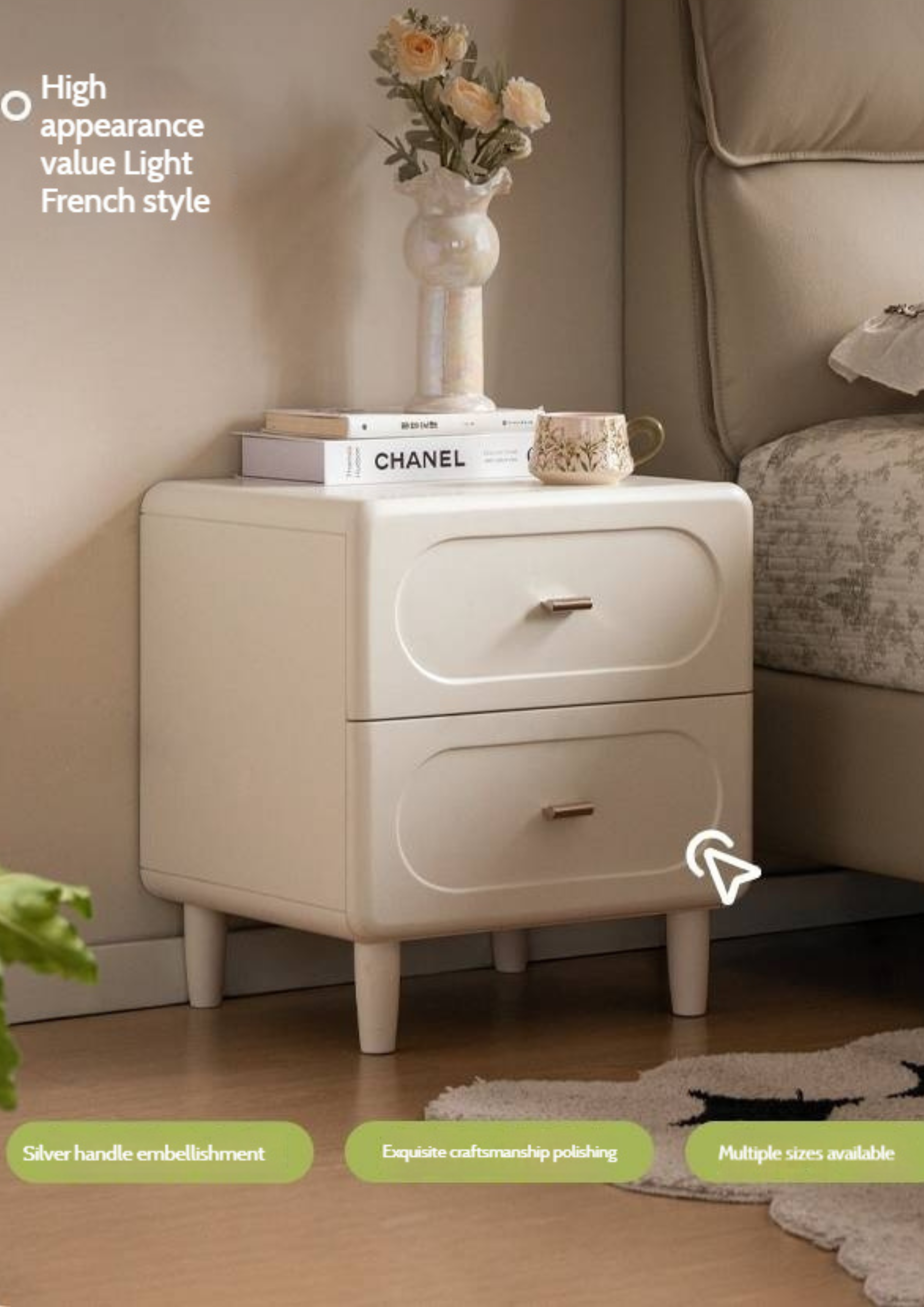 Beech Solid Wood White Cream Style Nightstand