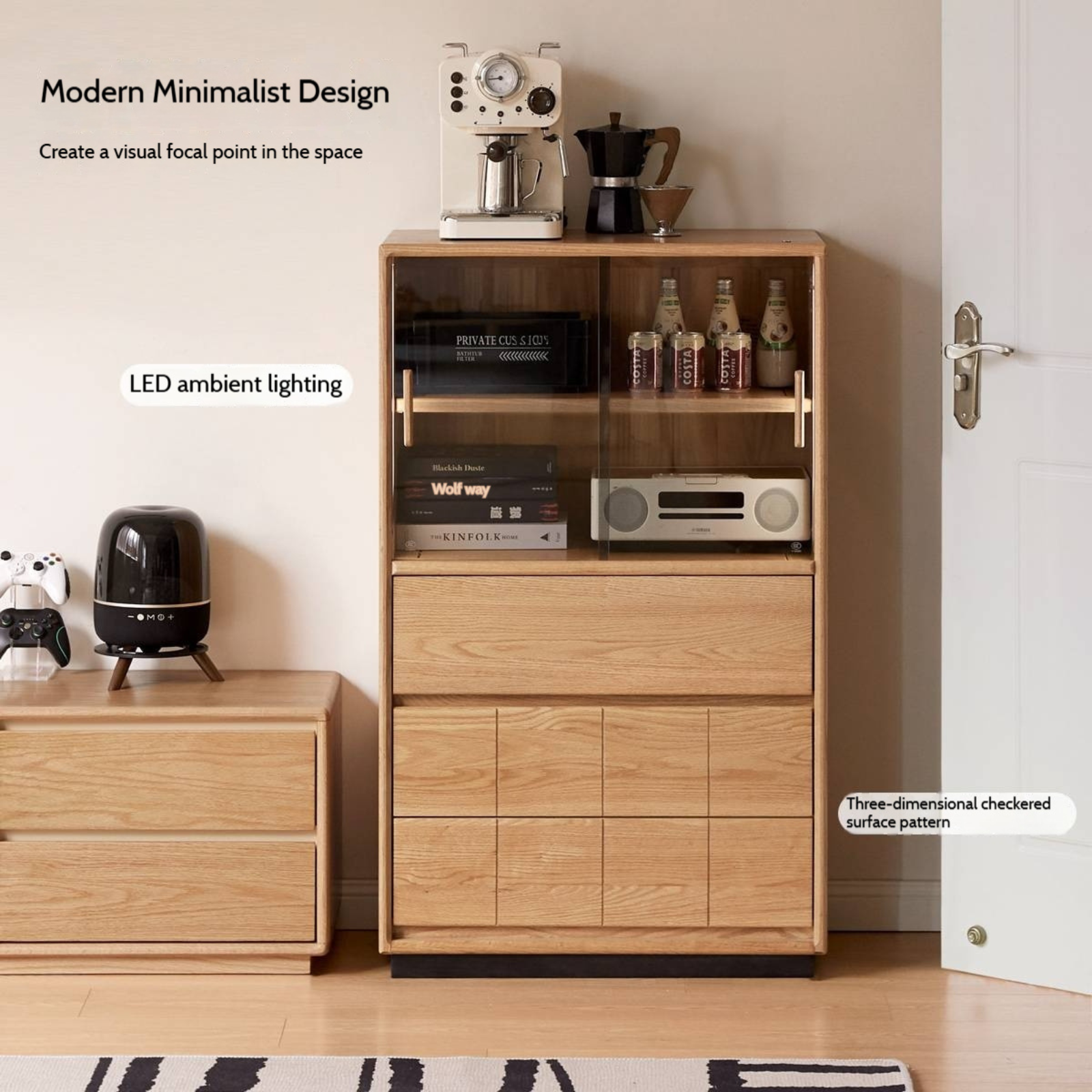 Oak Solid Wood Modern Side Cabinet with Light