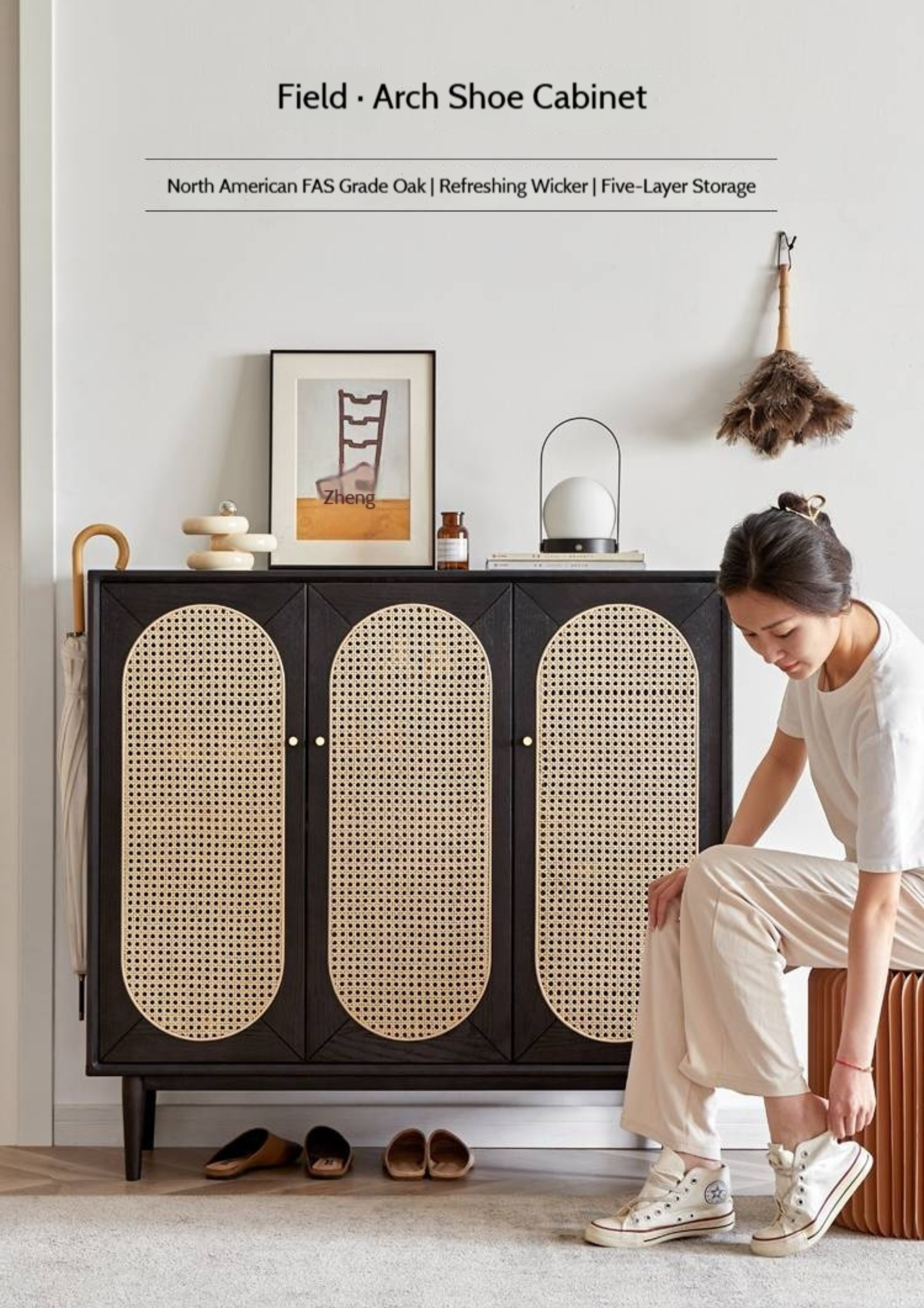 Oak Solid Wood Black Rattan Shoe Cabinet