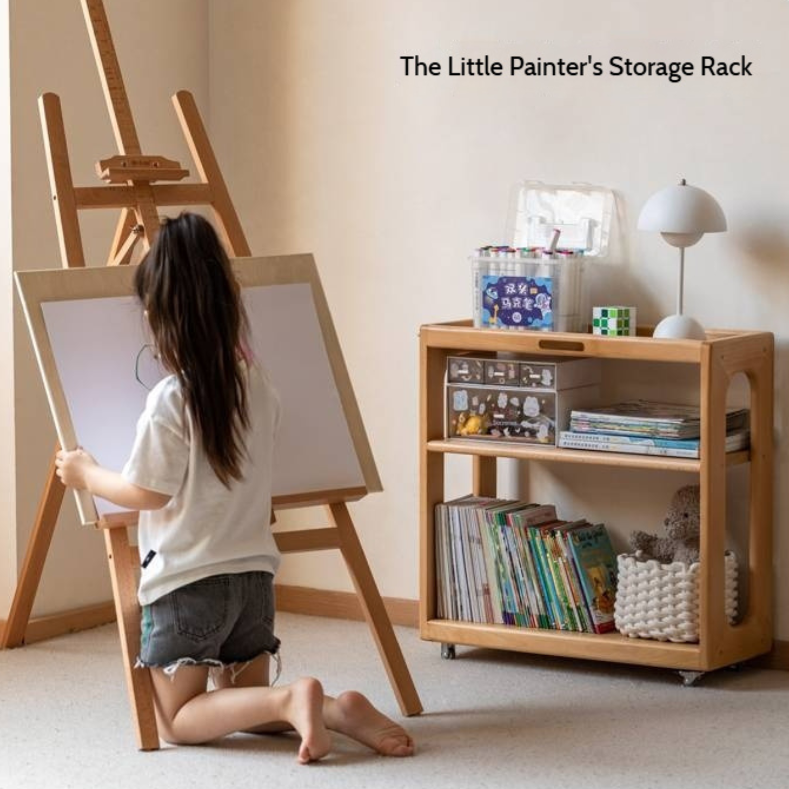 Beech Solid Wood Movable Children's Montessori Under-Table Bookshelf with Wheels