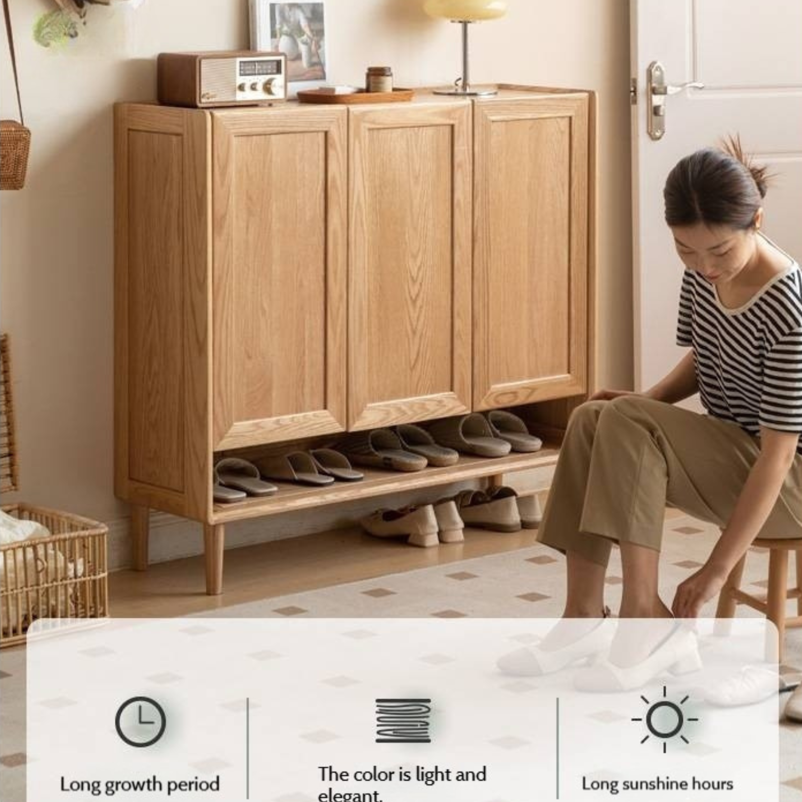 Oak, Solid Rubber Wood Shoe Cabinet