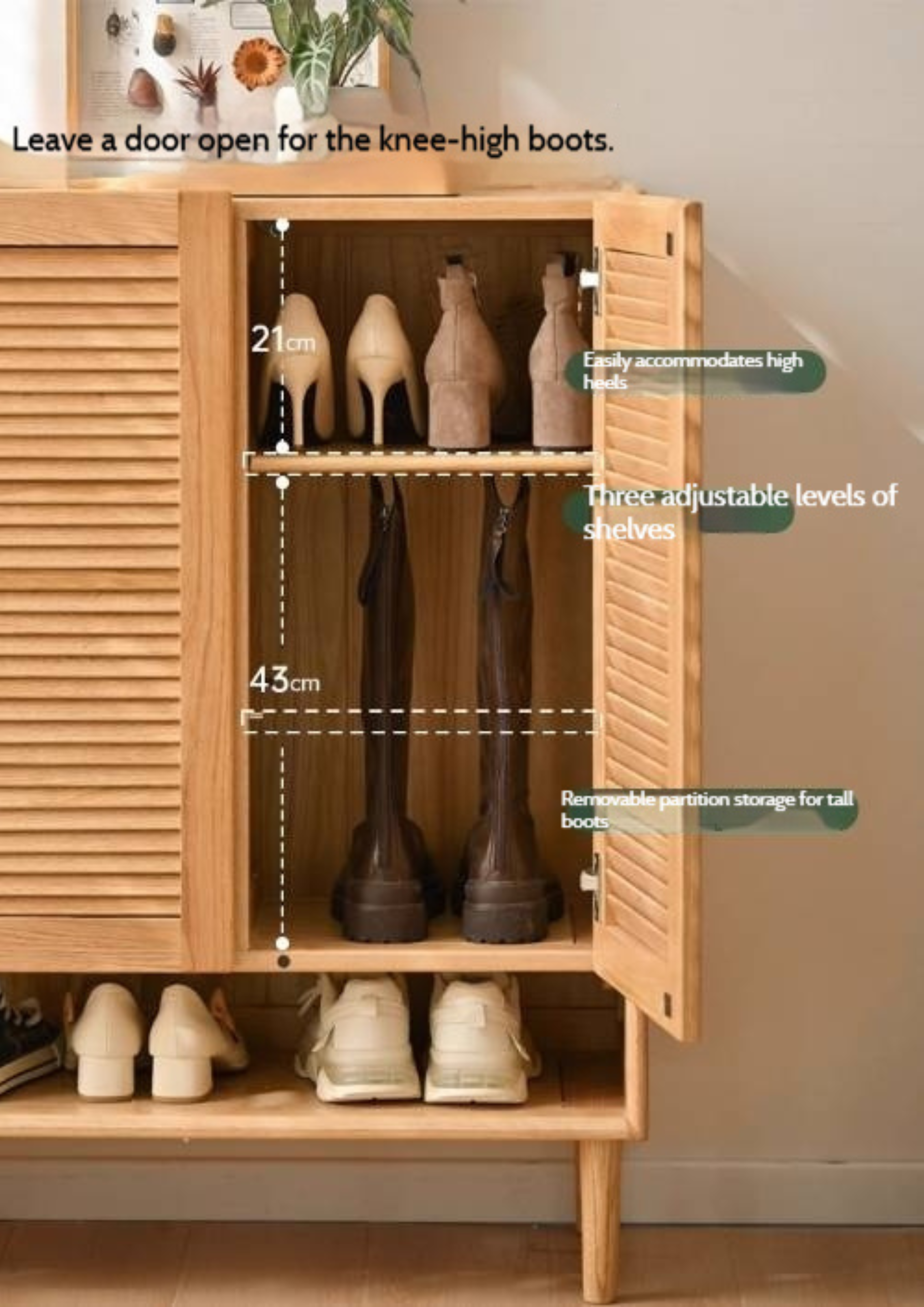 Oak, Solid Rubber Wood Modern Shoe Cabinet