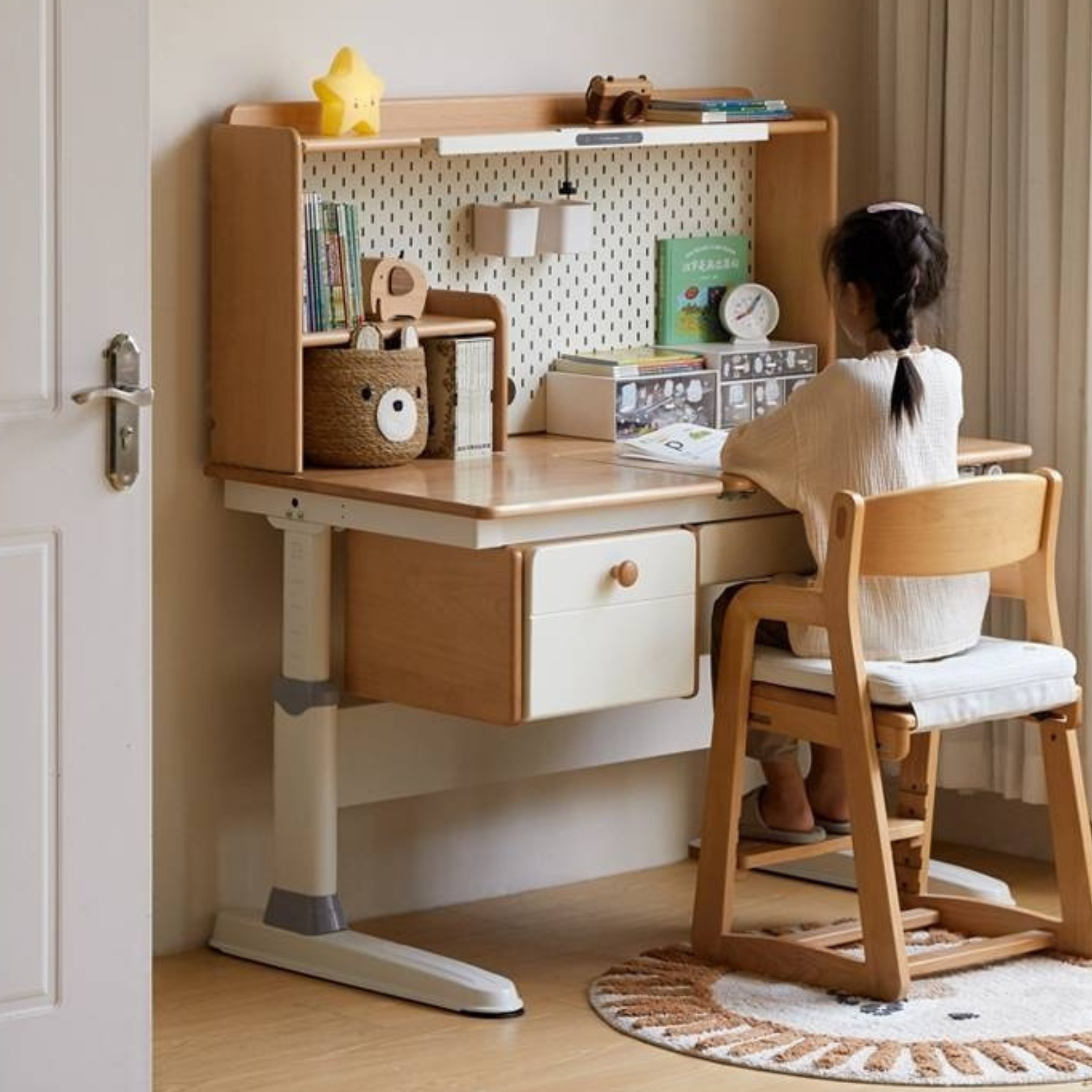 Beech Solid Wood Height Adjustable Children's Learning Desk with Eye-Protection Lamp