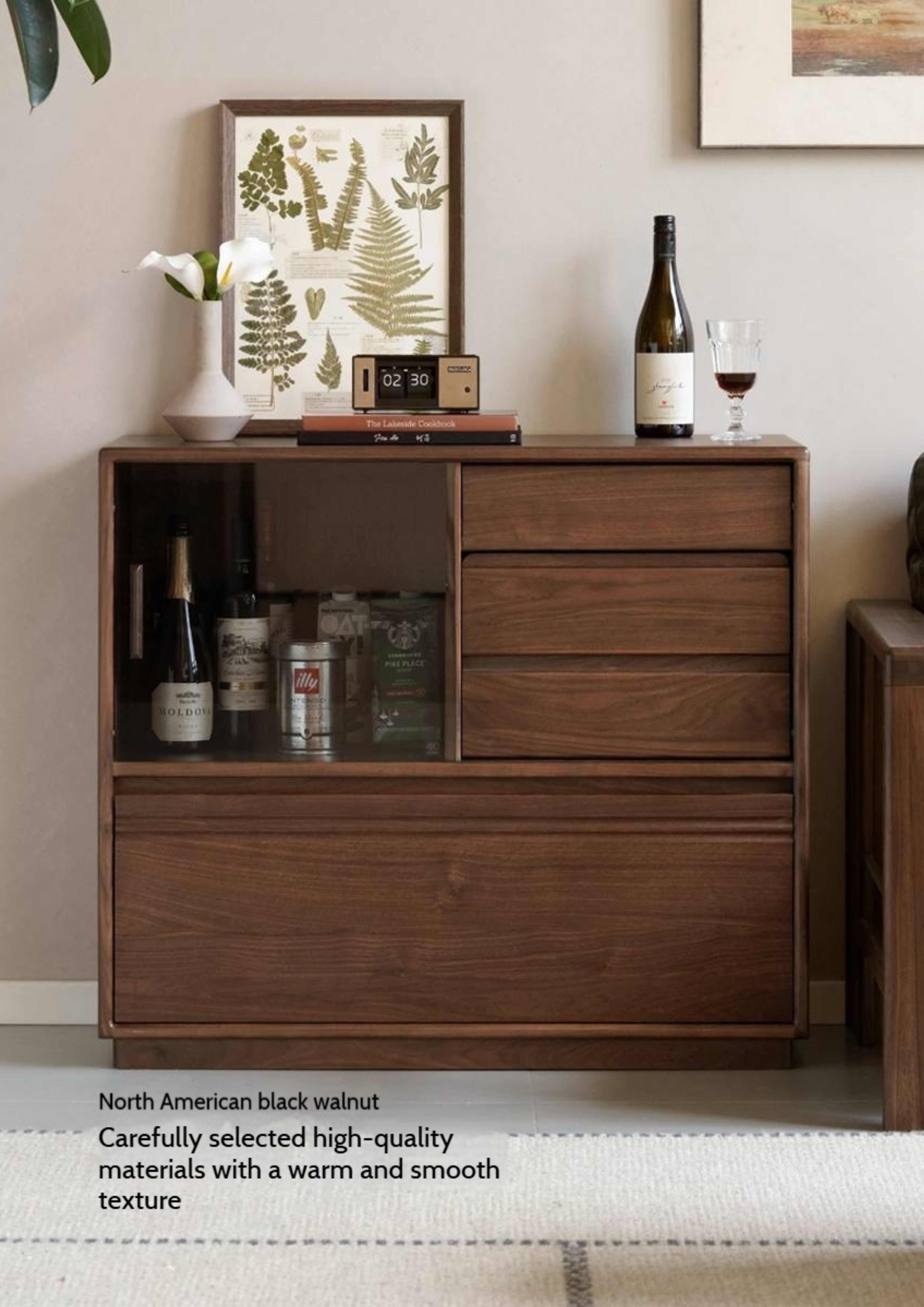 Black Walnut Solid Wood Modern Side Cabinet.