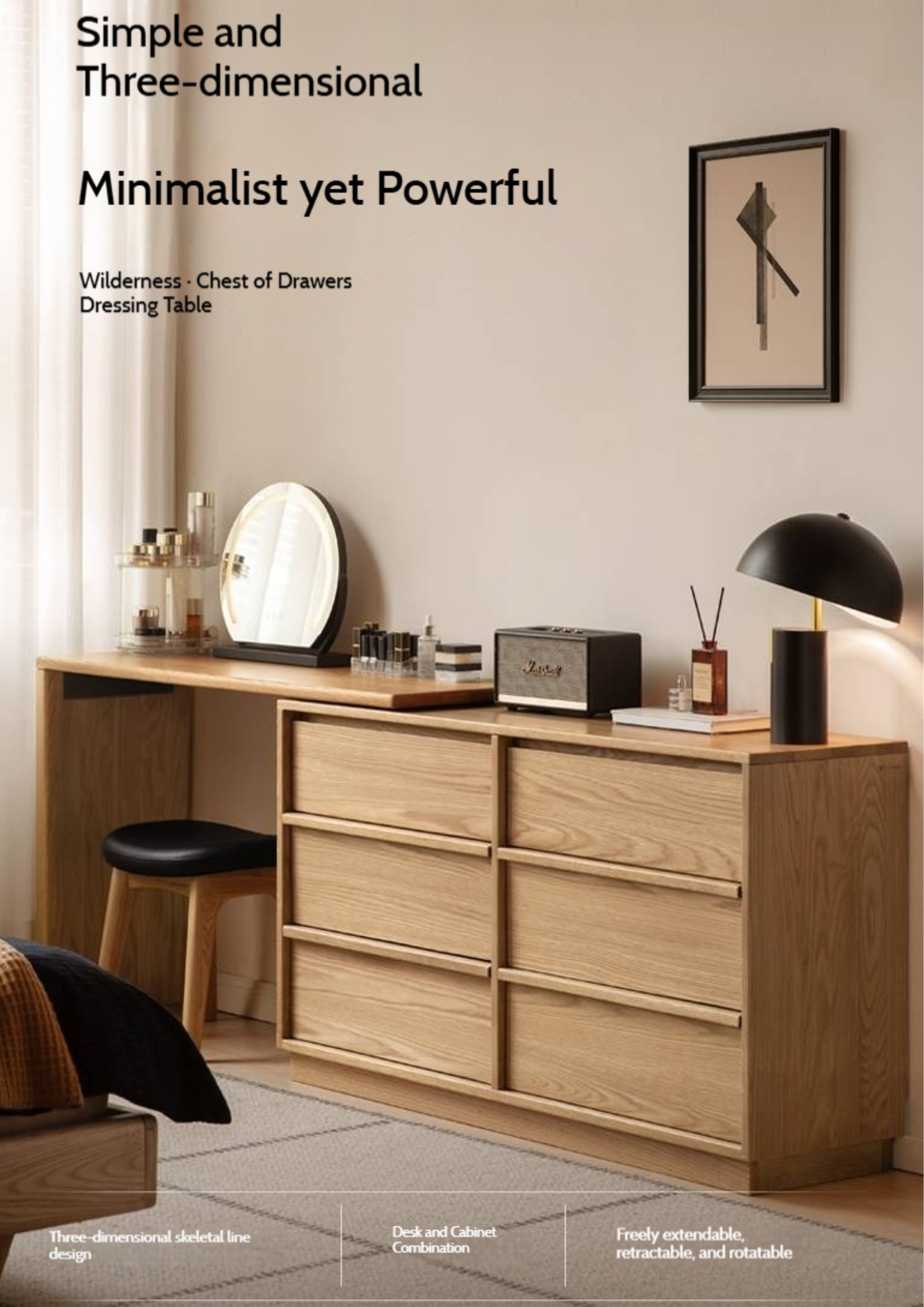 Oak Solid Wood Rotating Skeleton Dressing Table