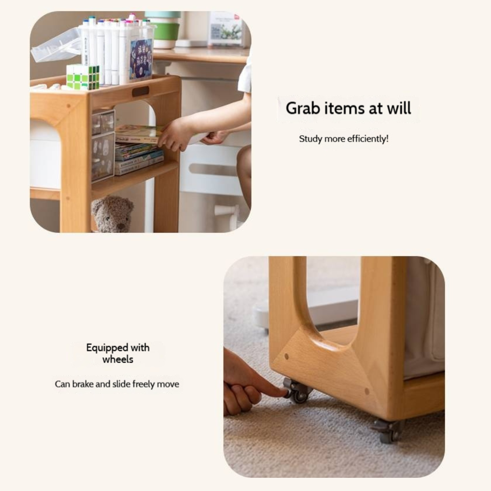 Beech Solid Wood Movable Children's Montessori Under-Table Bookshelf with Wheels