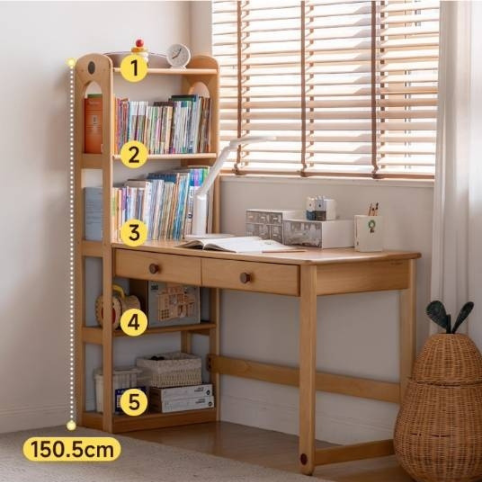 Beech Solid Wood Children's Desk and Bookshelf