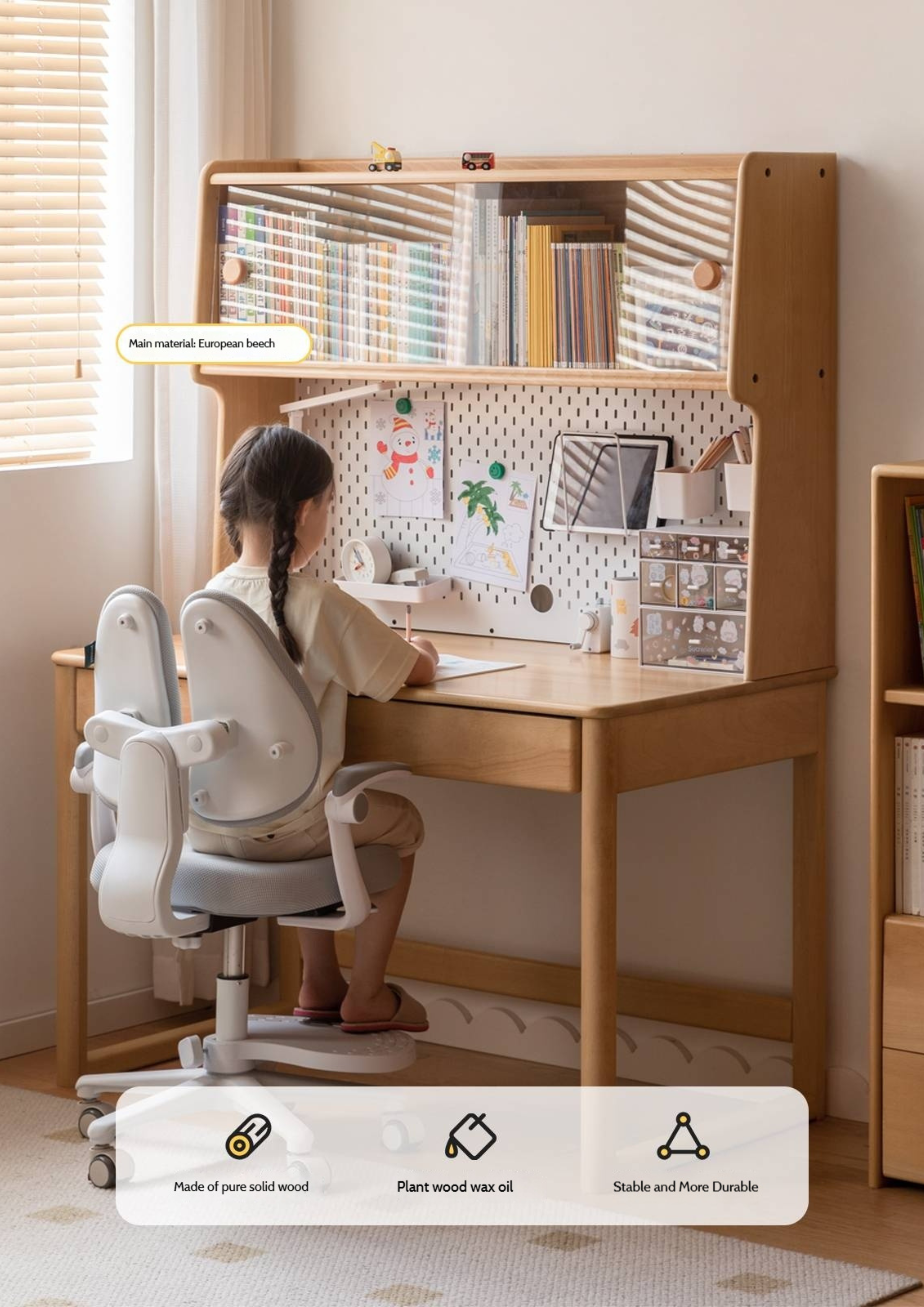Beech Solid Wood Children's Study Desk Bookshelf Integrated