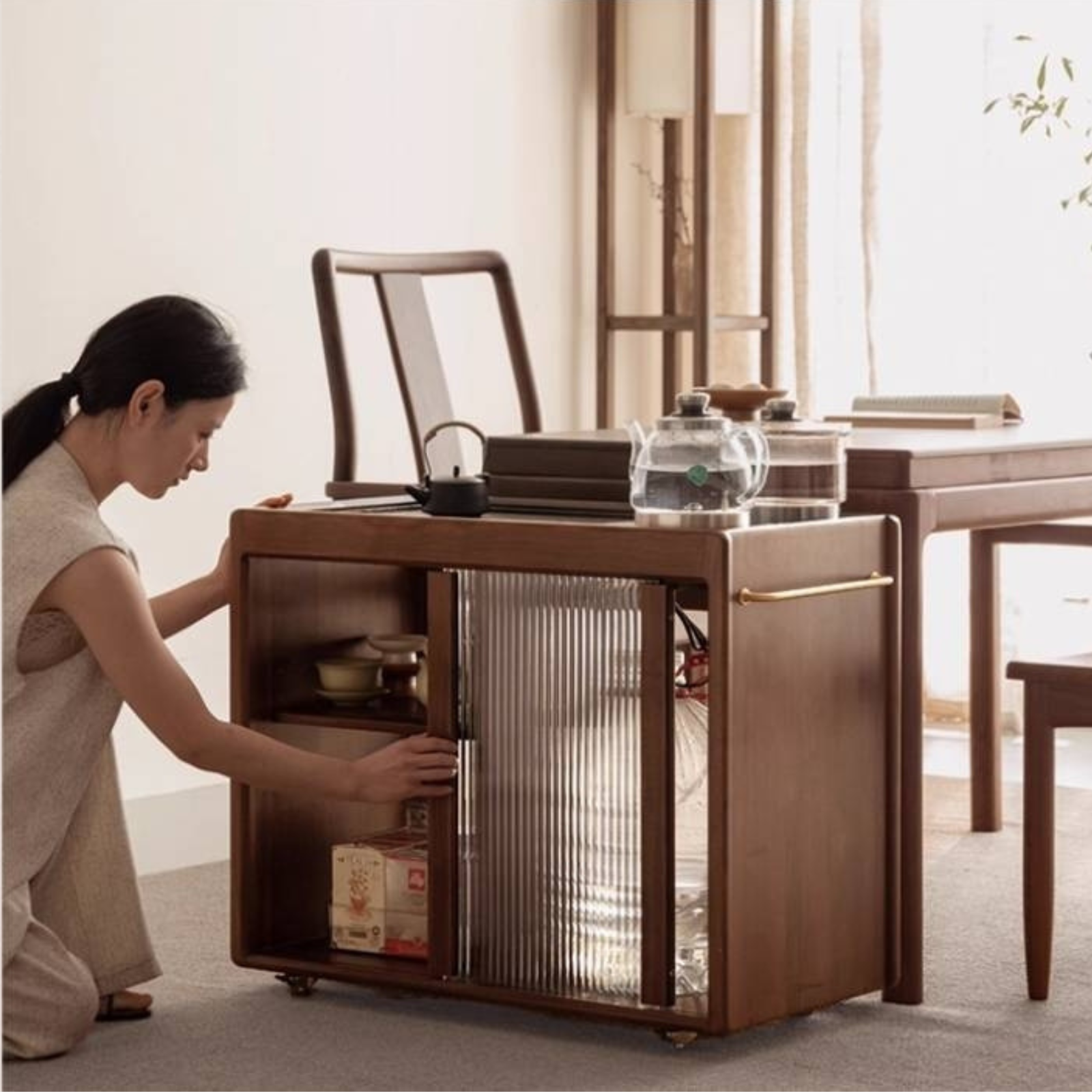 Black Walnut Solid Wood Tea Bar Integrated Side Cabinet